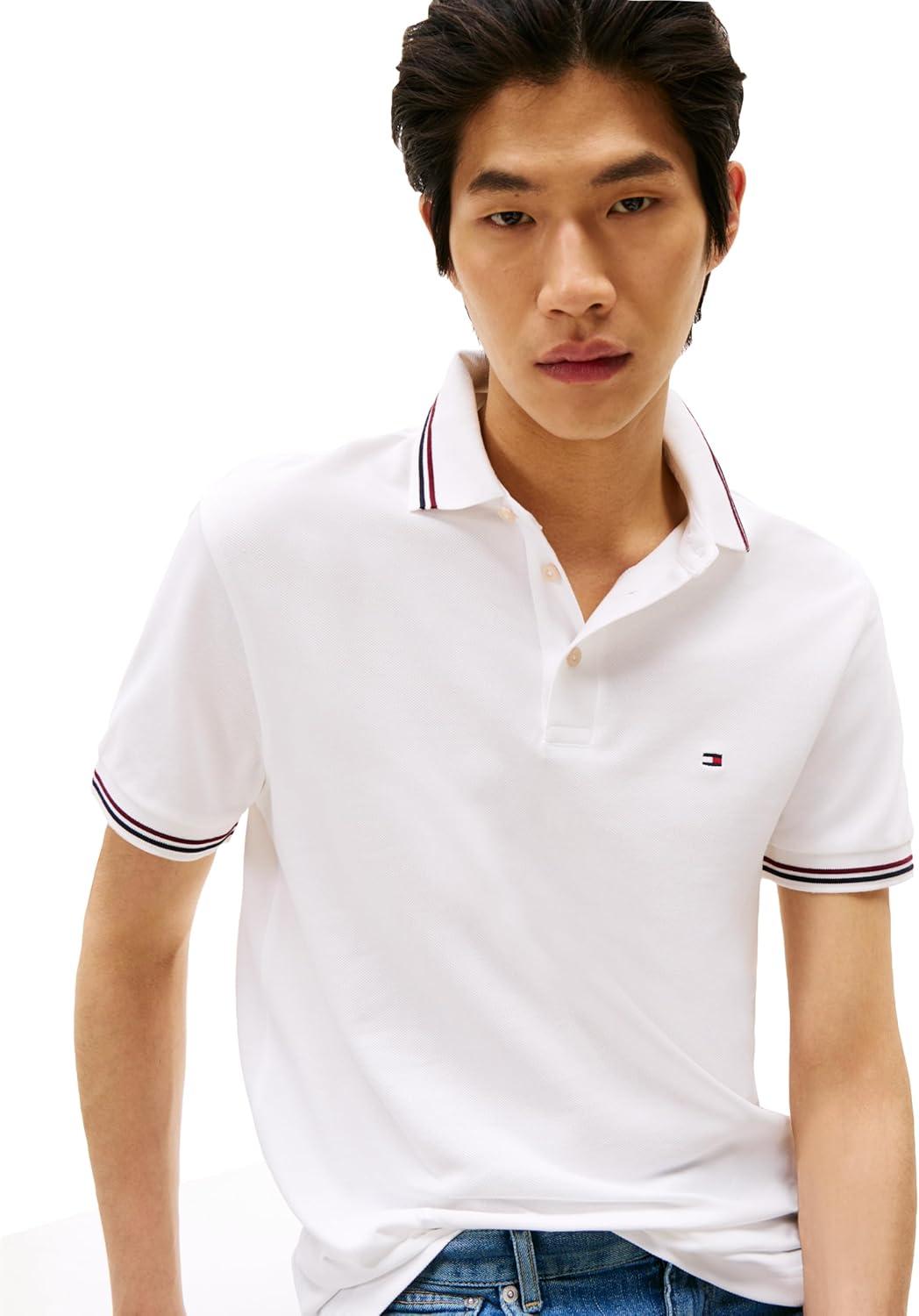 imageTommy Hilfiger Mens Short Sleeve Casual Polo Shirts in Slim Fit with Stretch and Cuff DesignsWhite