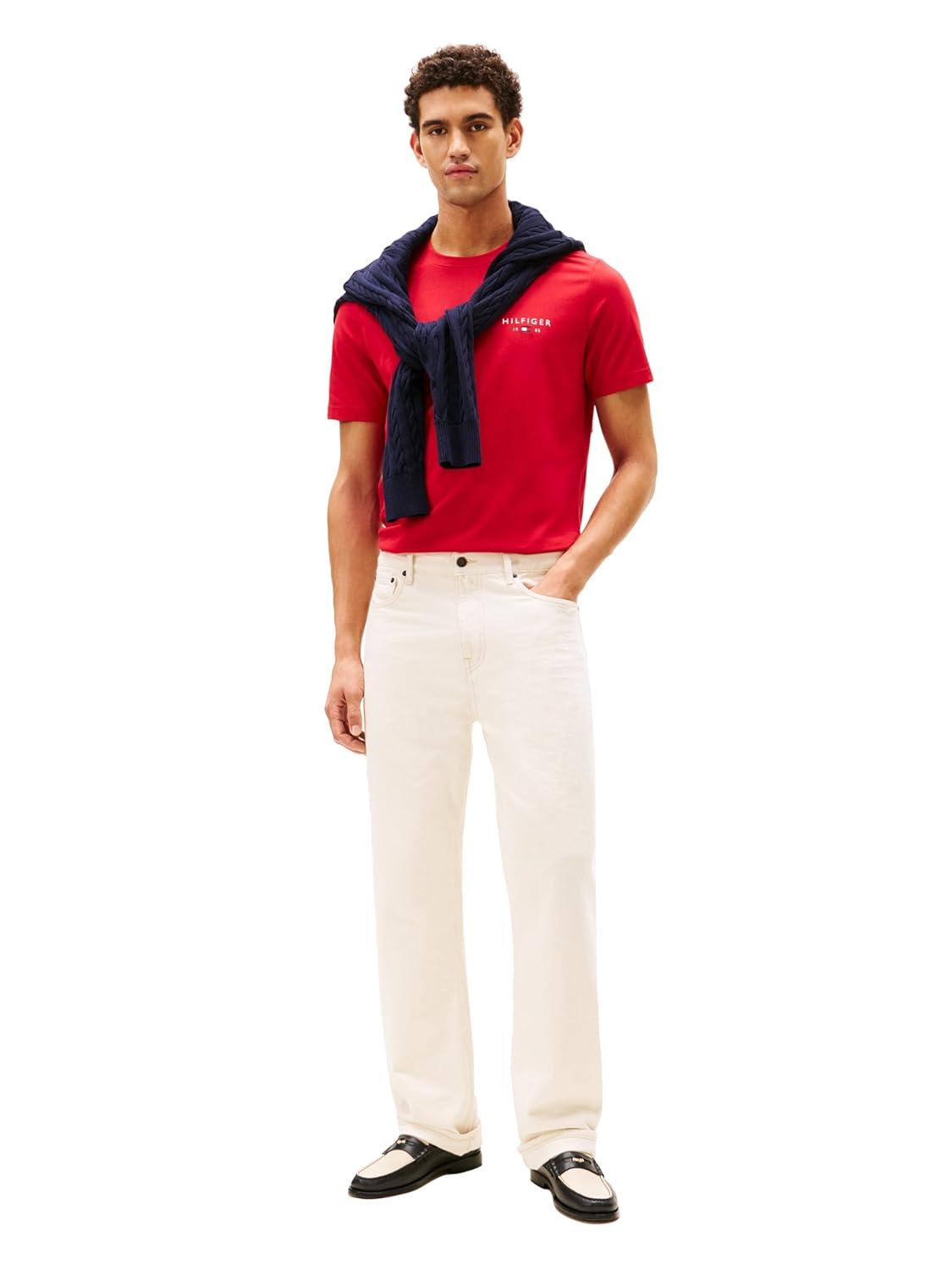 imageTommy Hilfiger Mens Short Sleeve Cotton Graphic TShirts with Embroidered Flag LogoMedium Red