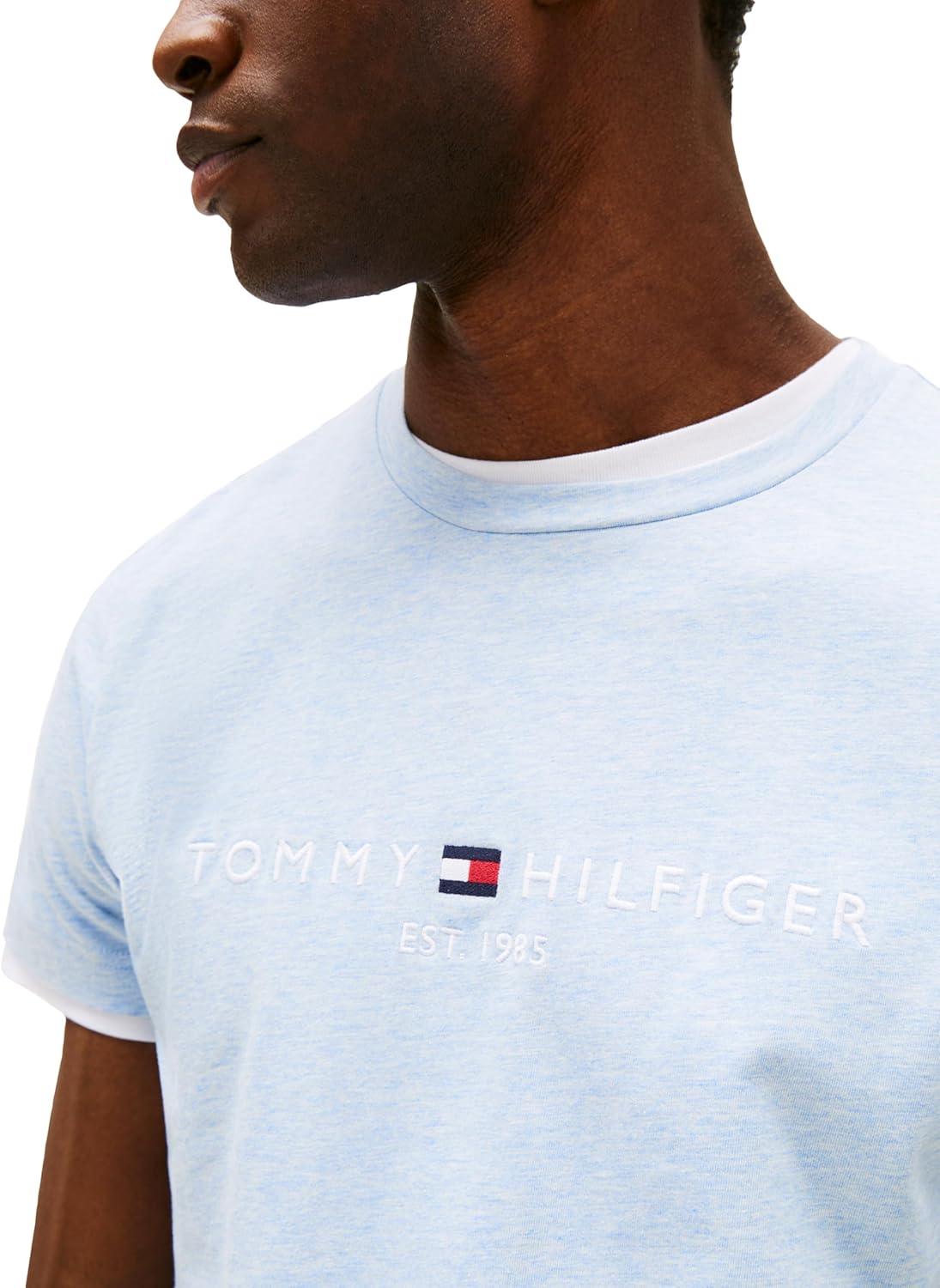 imageTommy Hilfiger Mens Short Sleeve Cotton Graphic TShirts with Embroidered LogoHeathered Blue