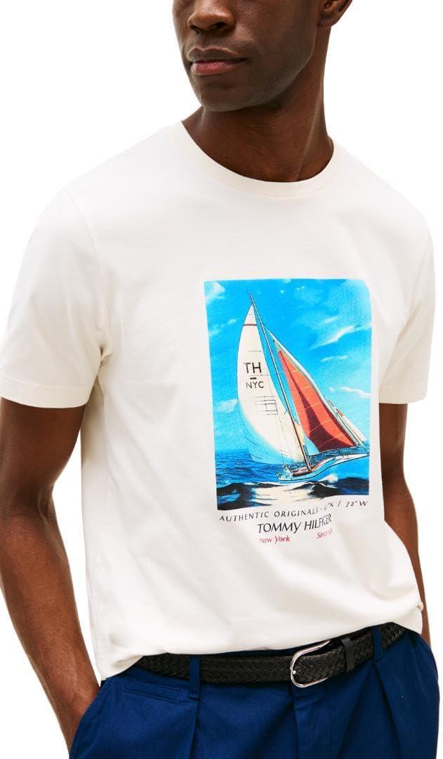 imageTommy Hilfiger Mens Short Sleeve Cotton Graphic TShirts with Photo Print DesignIvory Petal