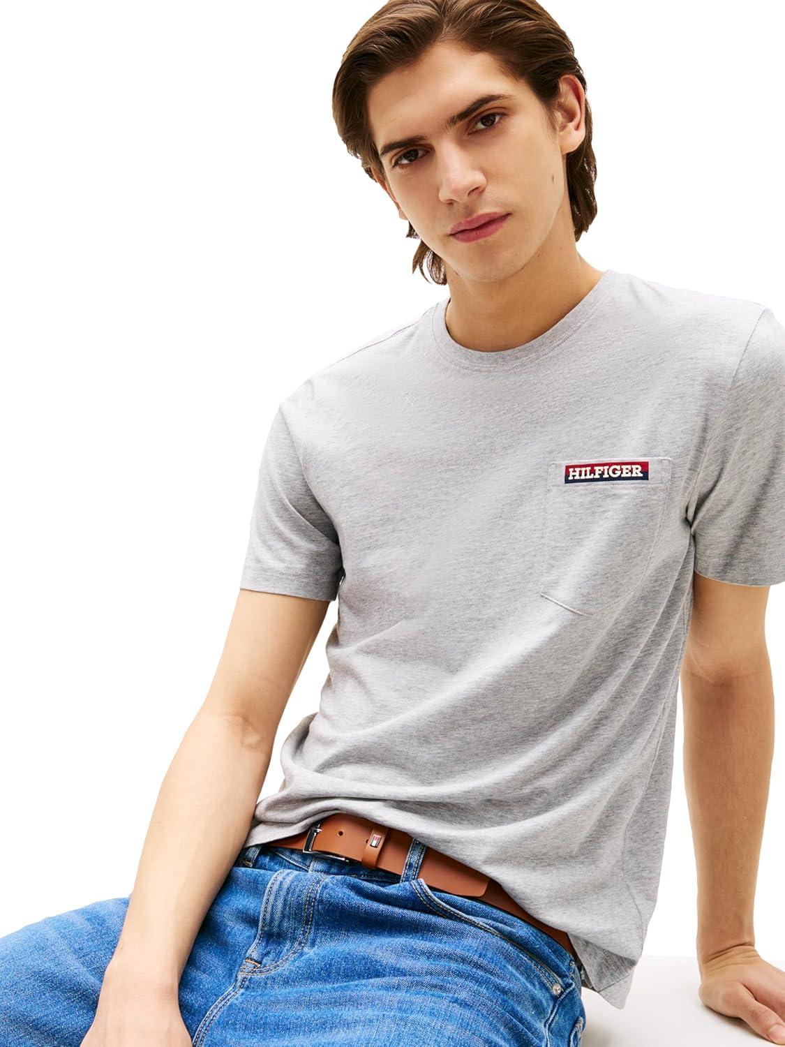 imageTommy Hilfiger Mens Short Sleeve Cotton Graphic TShirts with Pocket and LogoLight Grey Heather