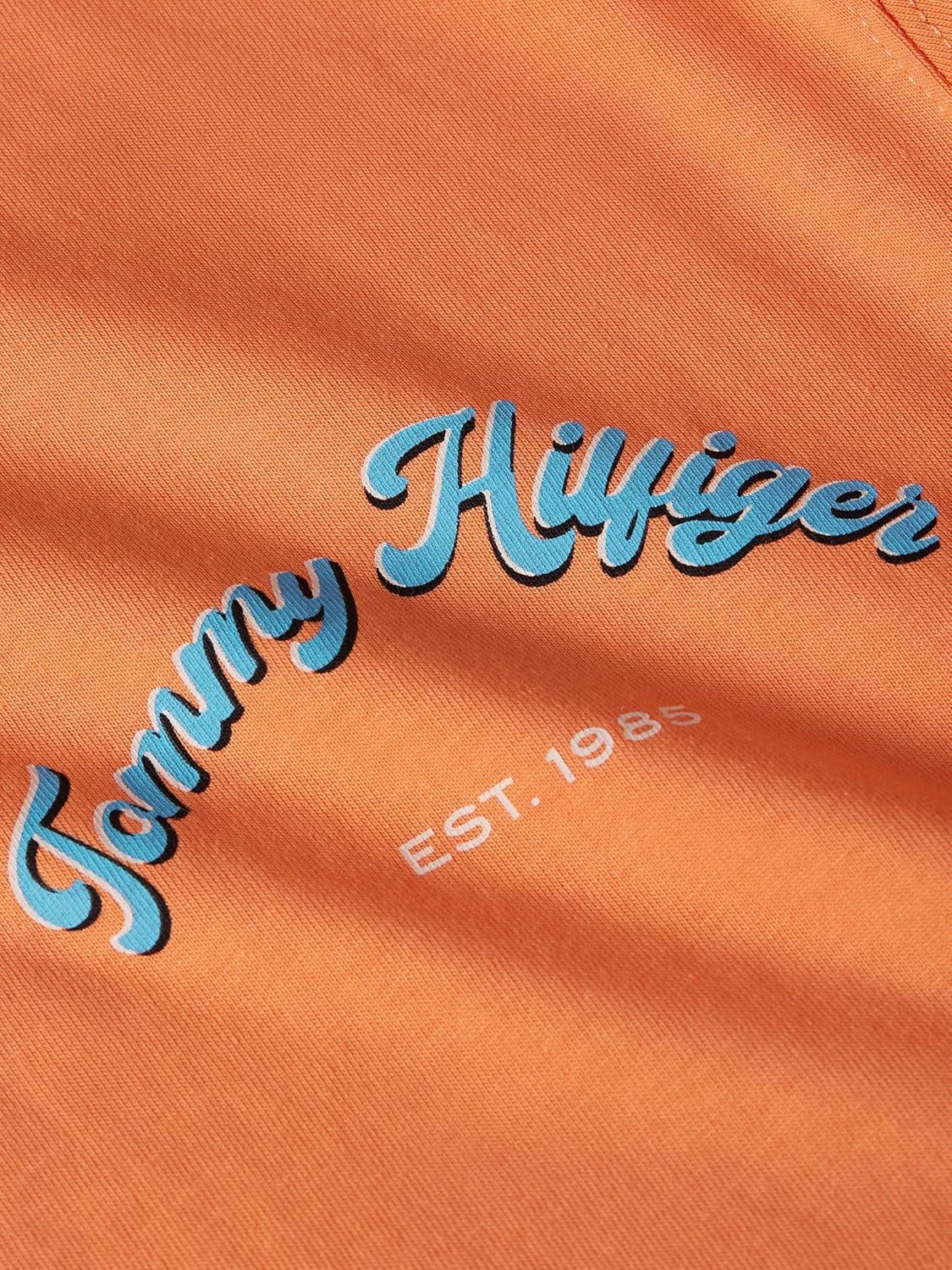 imageTommy Hilfiger Mens Short Sleeve Cotton Graphic TShirts with Printed Arched Back GraphicFruity Orange