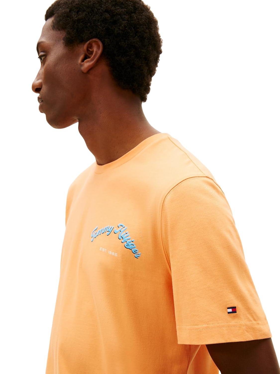 imageTommy Hilfiger Mens Short Sleeve Cotton Graphic TShirts with Printed Arched Back GraphicFruity Orange