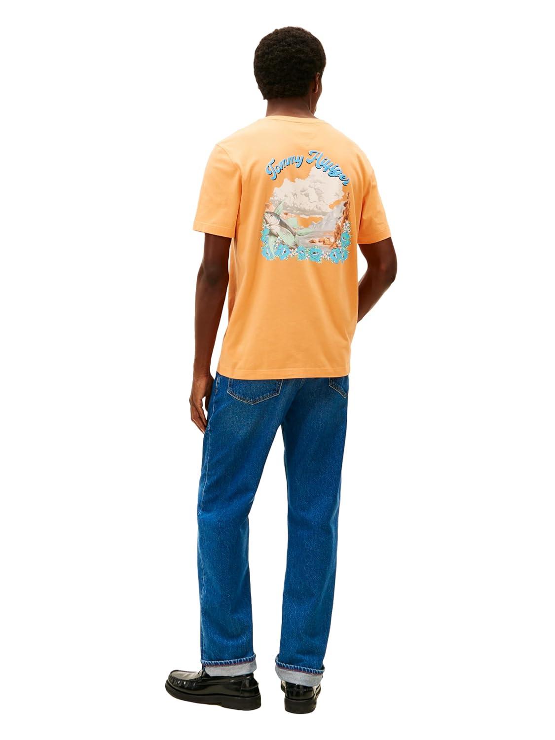 imageTommy Hilfiger Mens Short Sleeve Cotton Graphic TShirts with Printed Arched Back GraphicFruity Orange