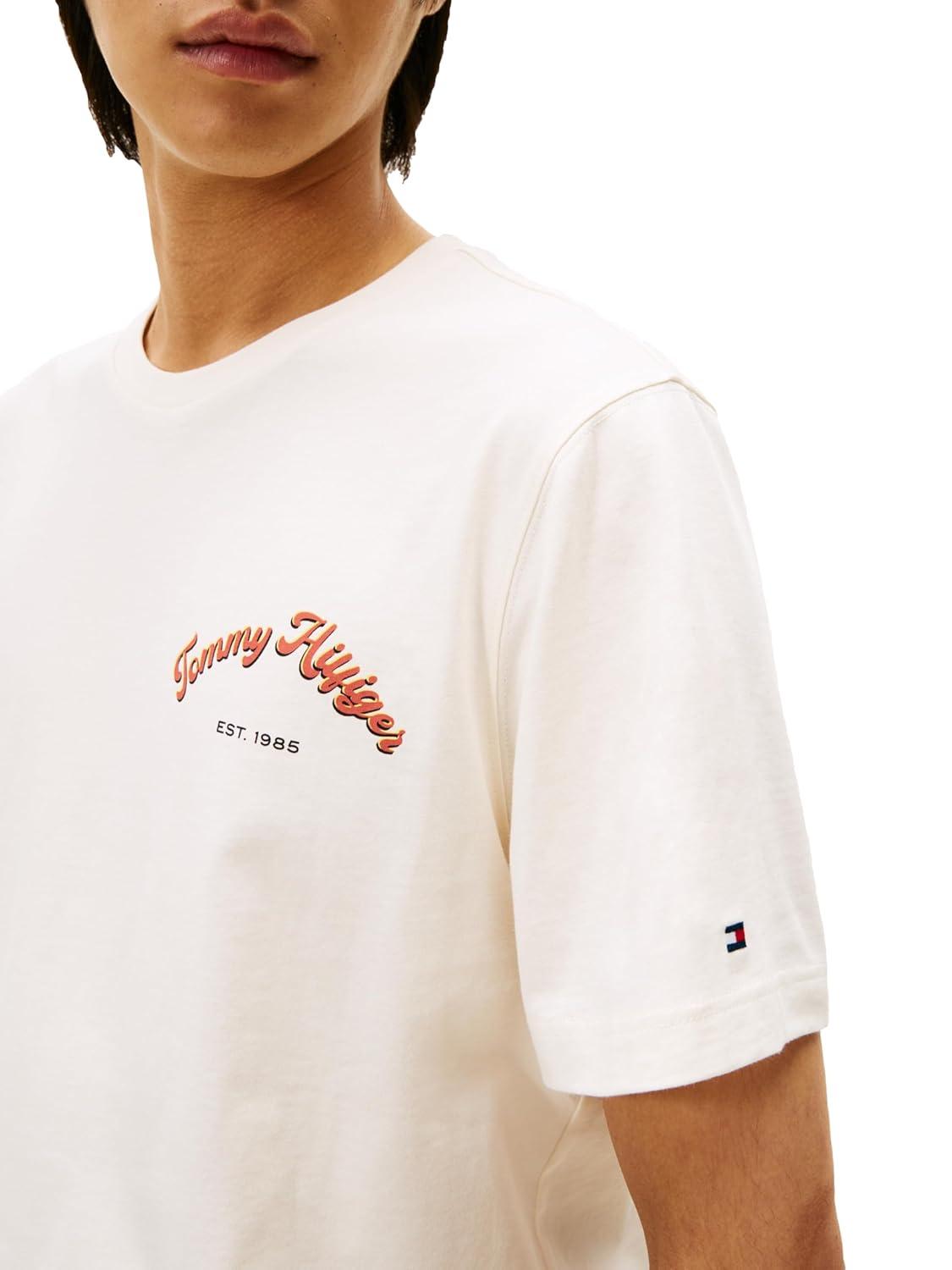 imageTommy Hilfiger Mens Short Sleeve Cotton Graphic TShirts with Printed Arched Back GraphicIvory Petal