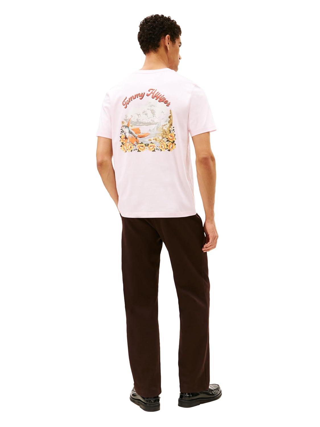 imageTommy Hilfiger Mens Short Sleeve Cotton Graphic TShirts with Printed Arched Back GraphicLight Pink