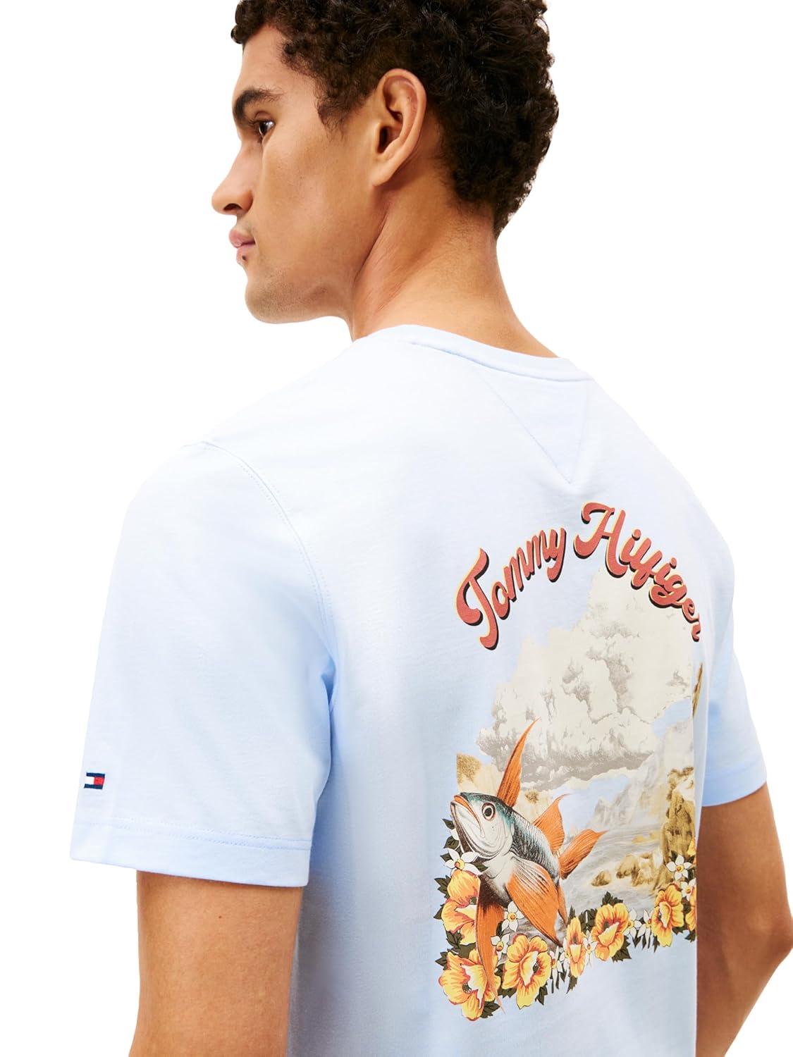imageTommy Hilfiger Mens Short Sleeve Cotton Graphic TShirts with Printed Arched Back GraphicSweet Blue