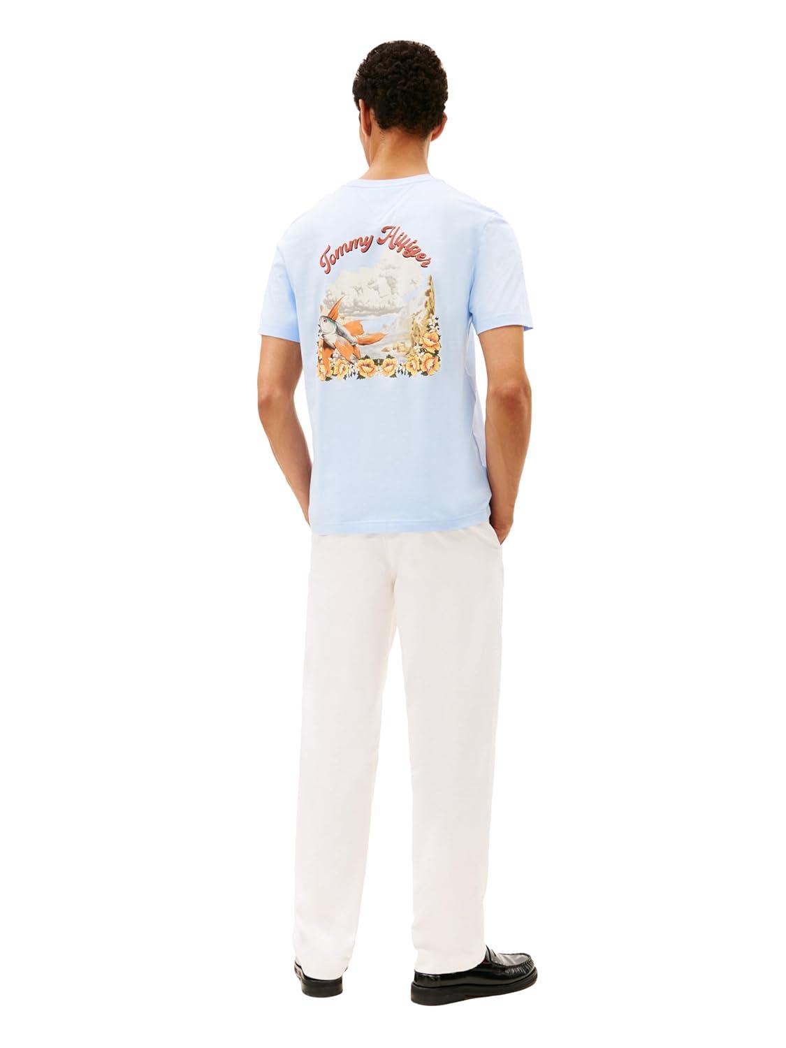 imageTommy Hilfiger Mens Short Sleeve Cotton Graphic TShirts with Printed Arched Back GraphicSweet Blue