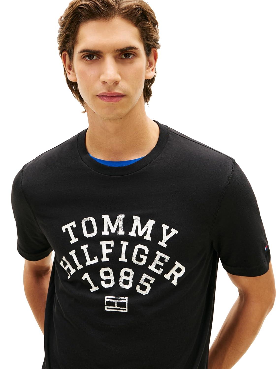 imageTommy Hilfiger Mens Short Sleeve Cotton Graphic TShirts with Printed Arched GraphicBlack