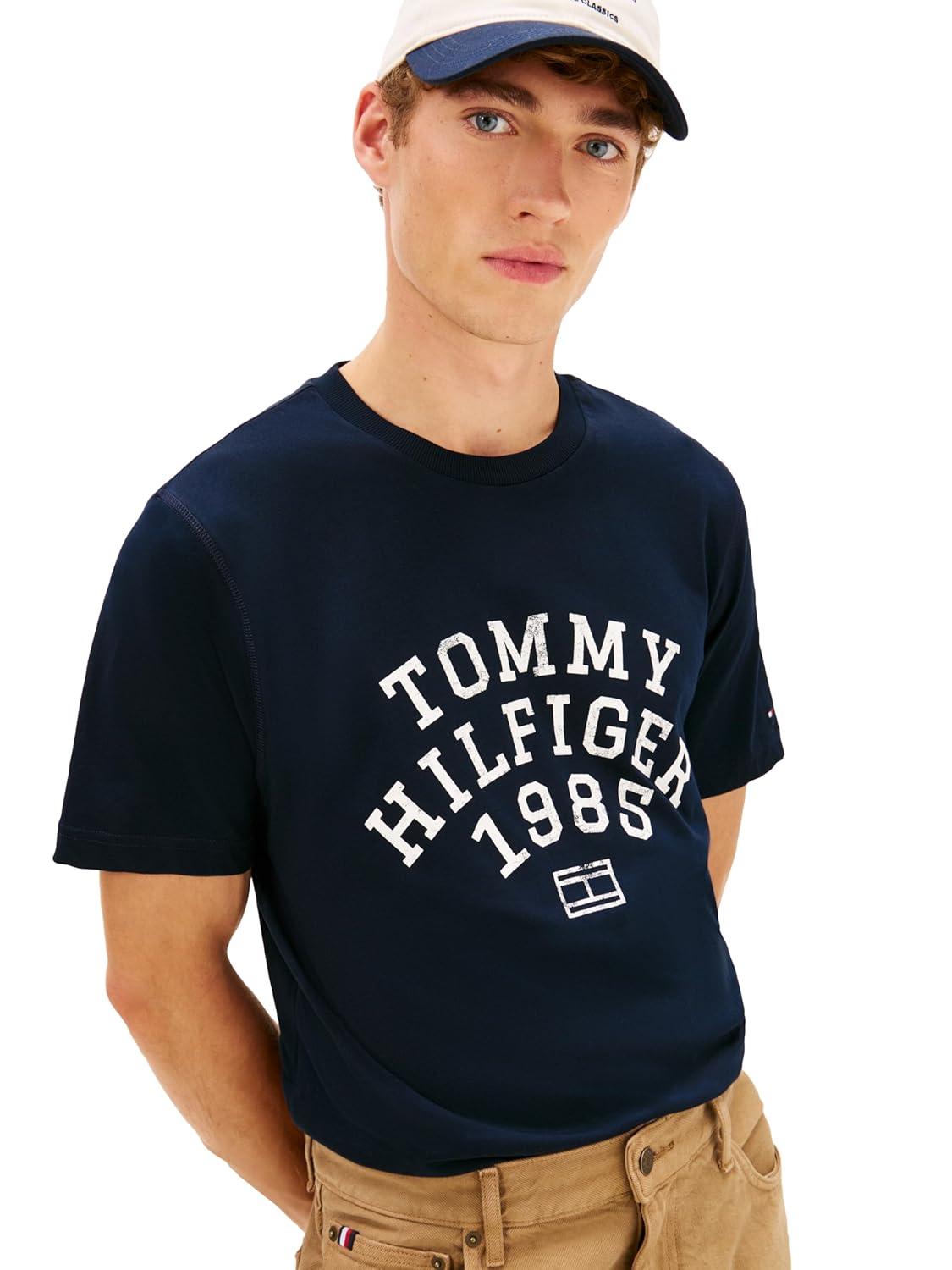 imageTommy Hilfiger Mens Short Sleeve Cotton Graphic TShirts with Printed Arched GraphicDesert Sky