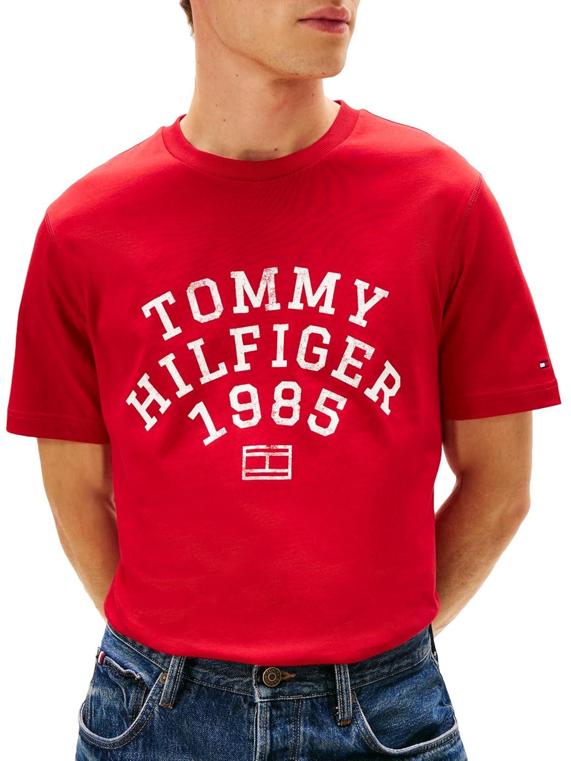 imageTommy Hilfiger Mens Short Sleeve Cotton Graphic TShirts with Printed Arched GraphicMedium Red