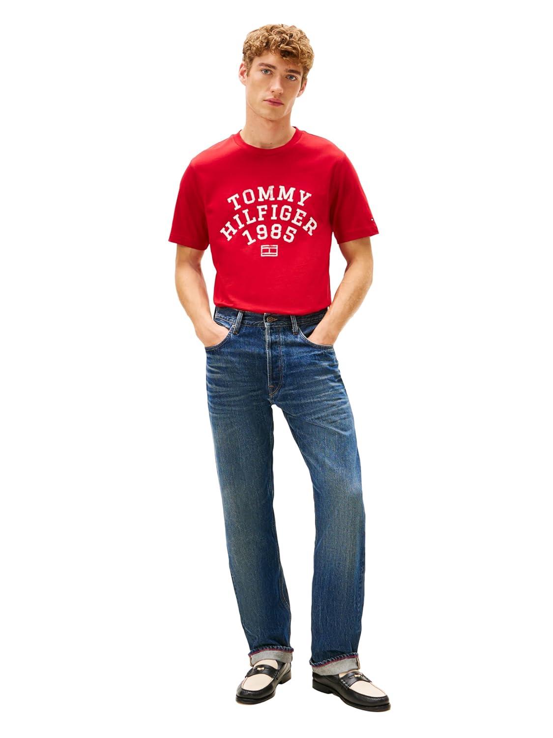 imageTommy Hilfiger Mens Short Sleeve Cotton Graphic TShirts with Printed Arched GraphicMedium Red