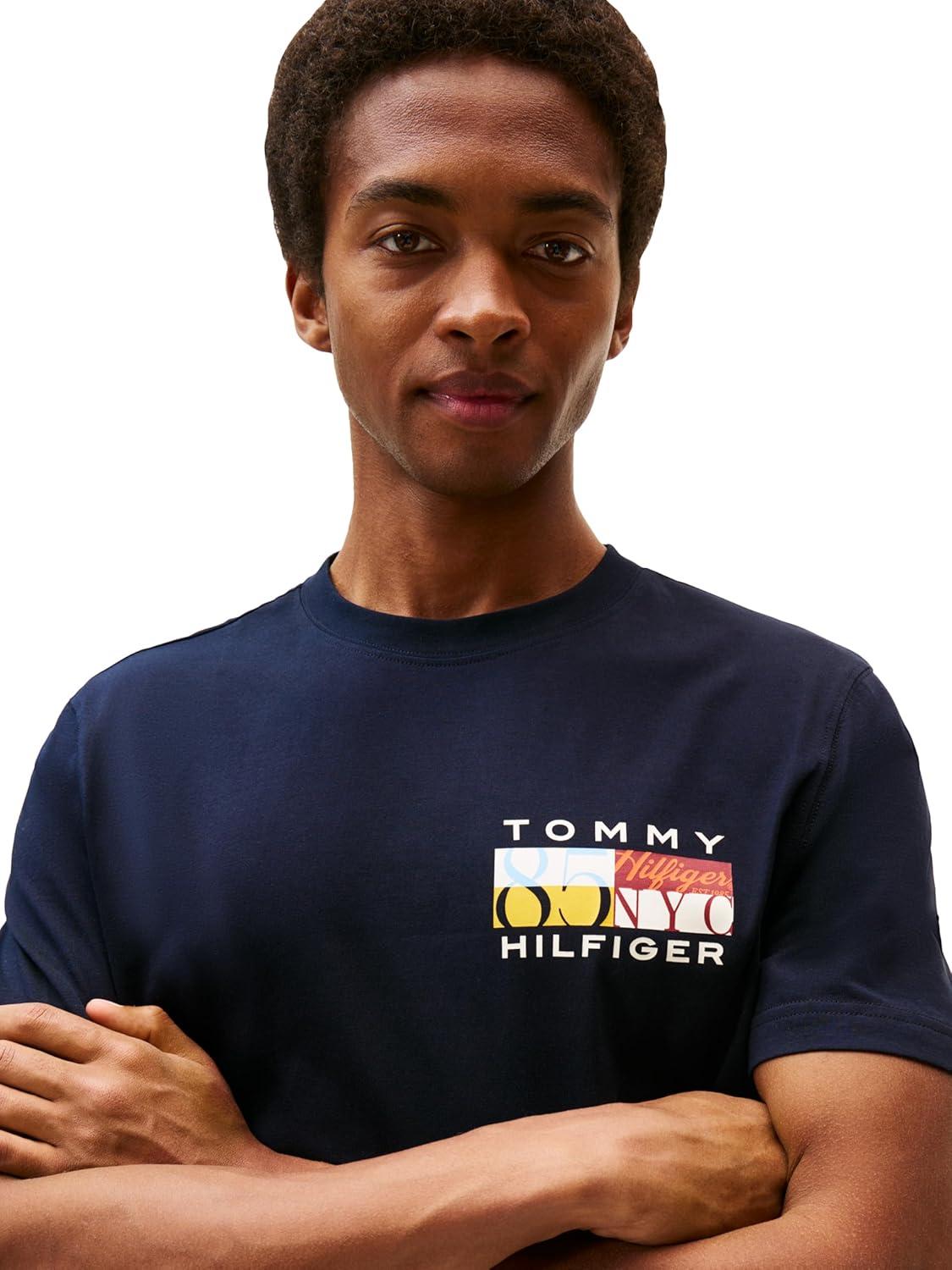 imageTommy Hilfiger Mens Short Sleeve Cotton Graphic TShirts with Printed Color Flag LogoDesert Sky