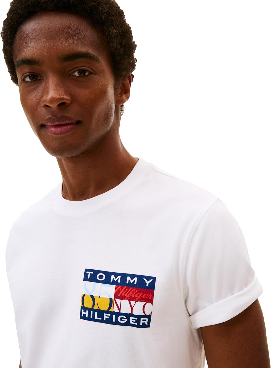 imageTommy Hilfiger Mens Short Sleeve Cotton Graphic TShirts with Printed Color Flag LogoWhite