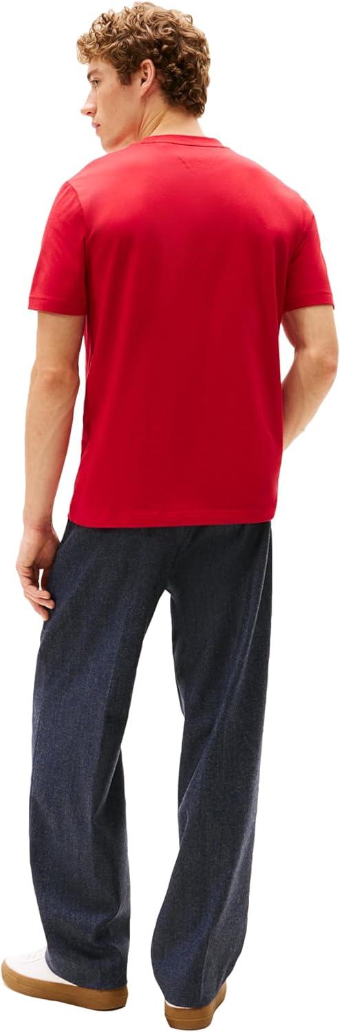 imageTommy Hilfiger Mens Short Sleeve Cotton Graphic TShirts with Printed Linear Flag Logo DesignsMedium Red