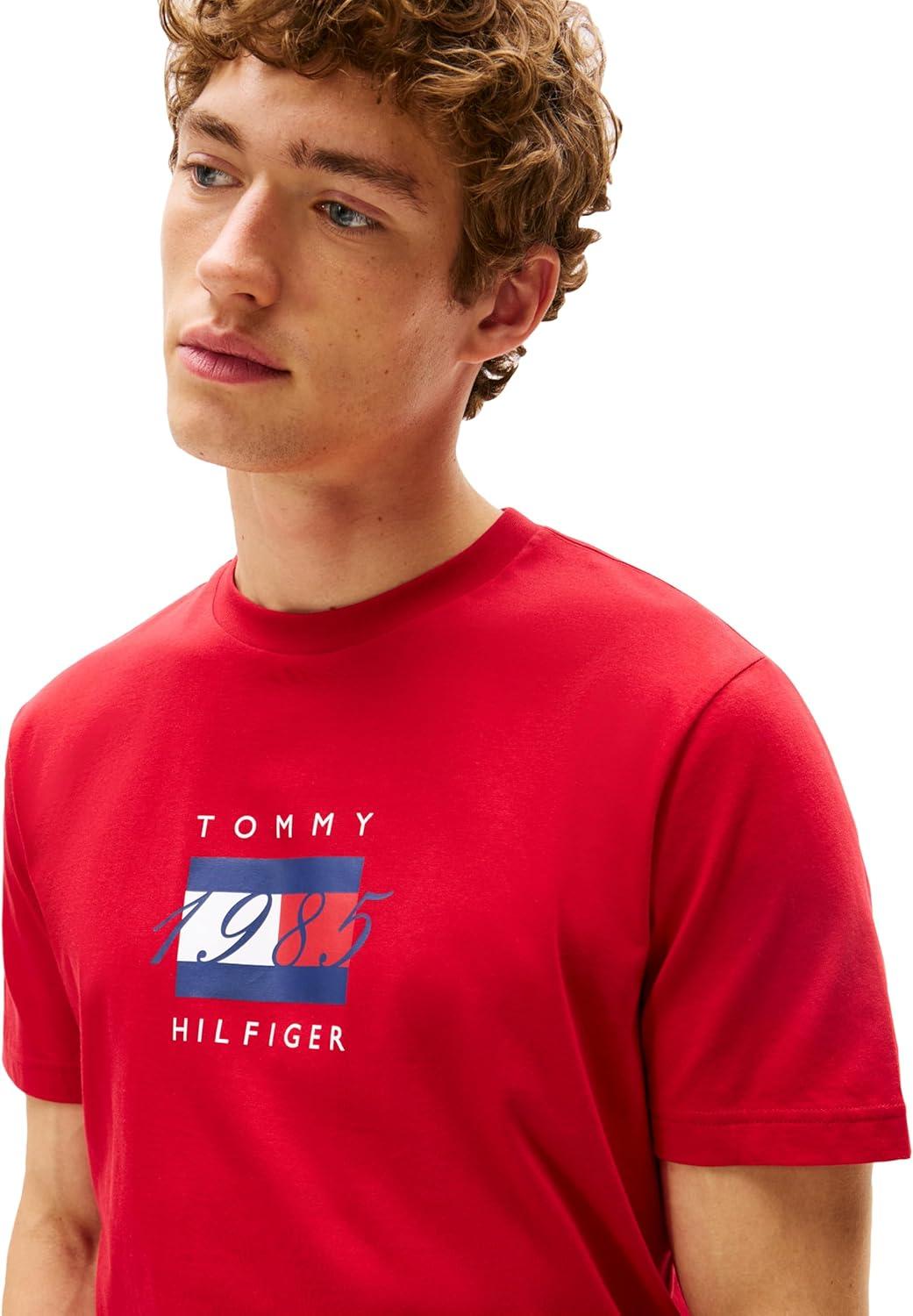 imageTommy Hilfiger Mens Short Sleeve Cotton Graphic TShirts with Printed Linear Flag Logo DesignsMedium Red