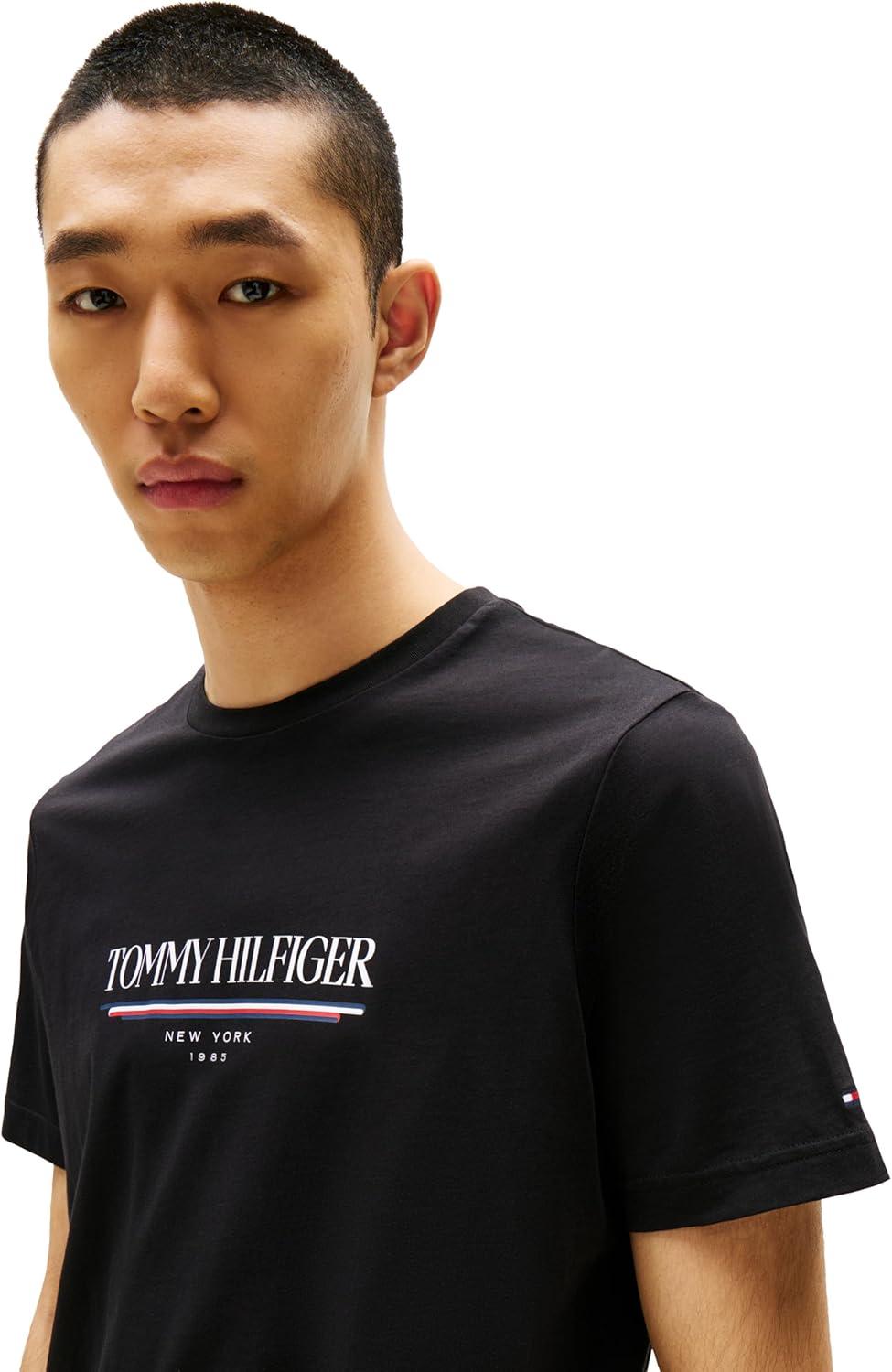 imageTommy Hilfiger Mens Short Sleeve Cotton Graphic TShirts with Printed LogoBlack