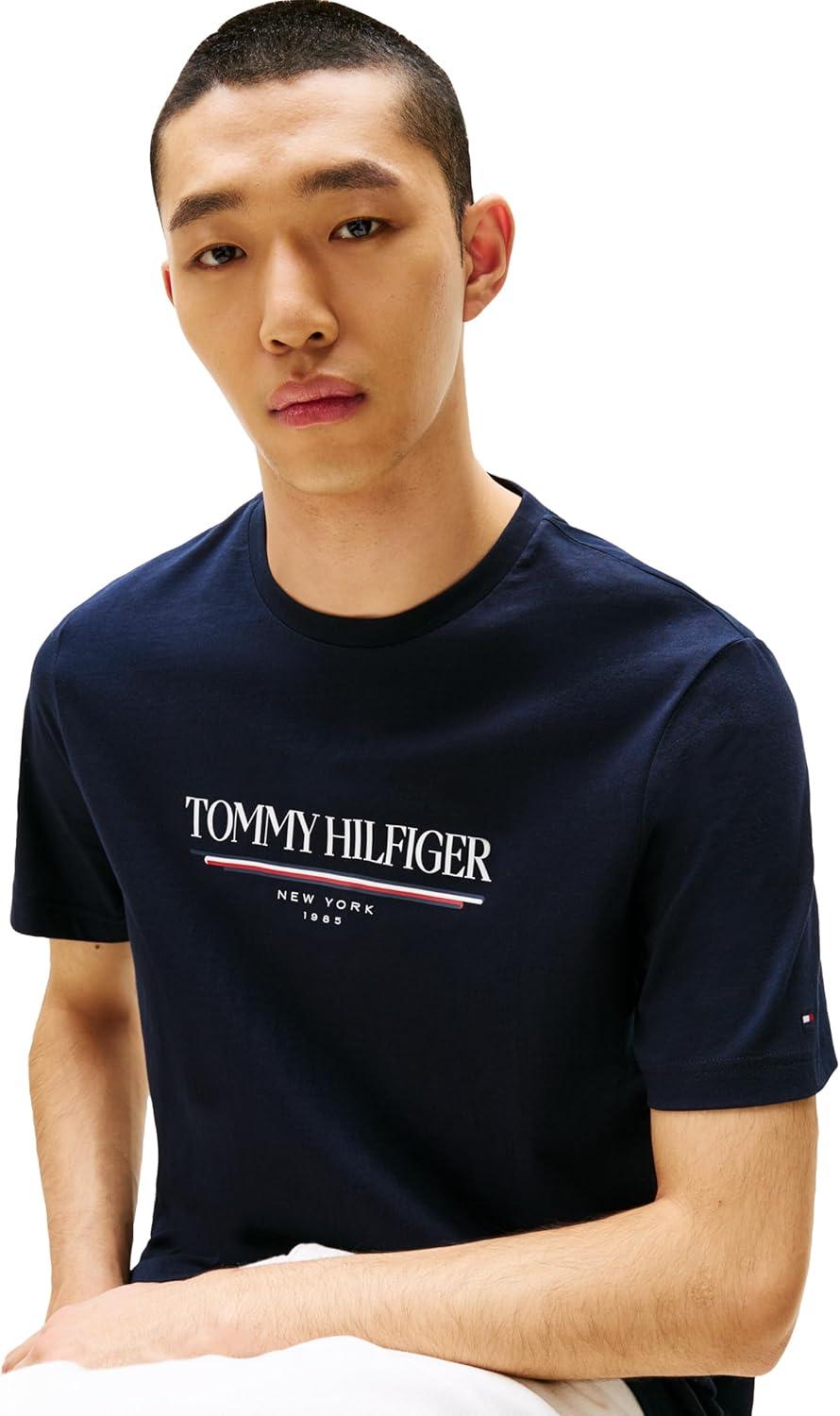 imageTommy Hilfiger Mens Short Sleeve Cotton Graphic TShirts with Printed LogoDesert Sky