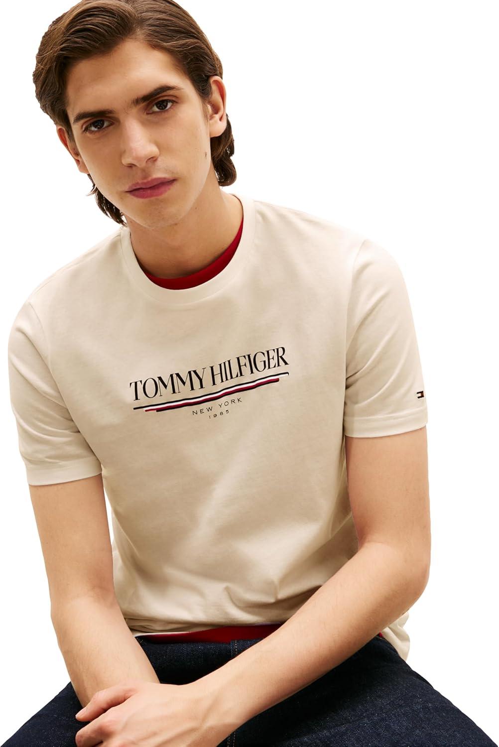 imageTommy Hilfiger Mens Short Sleeve Cotton Graphic TShirts with Printed LogoNewsprint