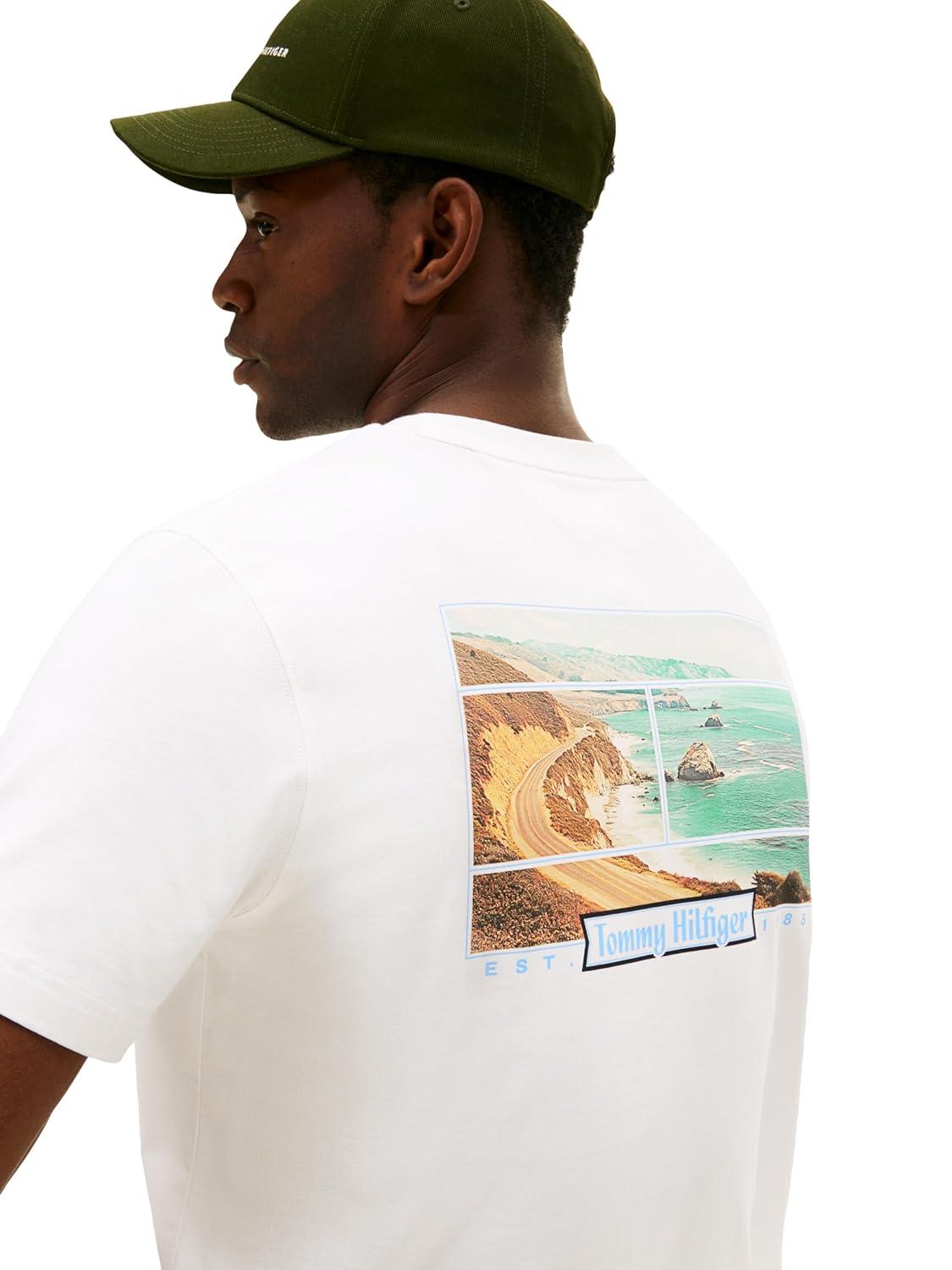 imageTommy Hilfiger Mens Short Sleeve Cotton Graphic TShirts with Printed Photo Back GraphicEcru