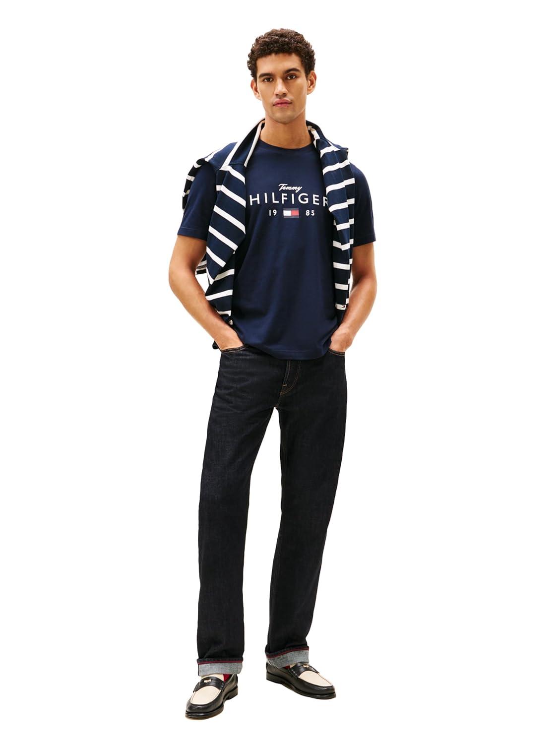 imageTommy Hilfiger Mens Short Sleeve Cotton Graphic TShirts with Printed Script and Flag LogoDesert Sky