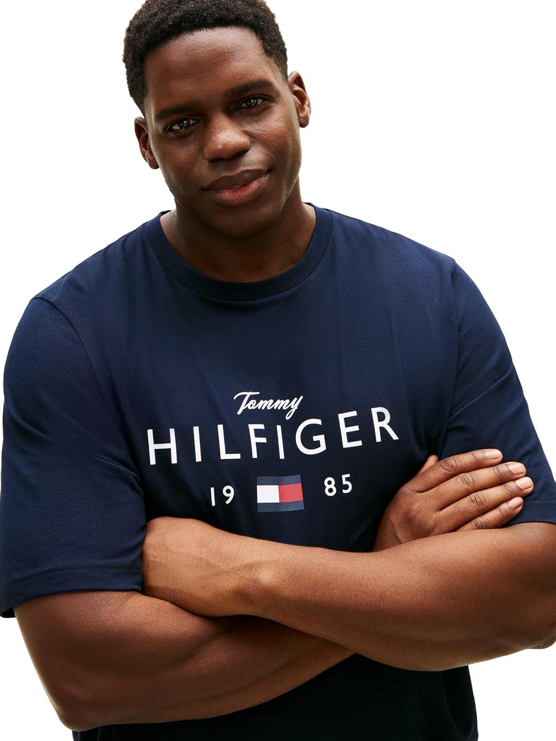 imageTommy Hilfiger Mens Short Sleeve Cotton Graphic TShirts with Printed Script and Flag LogoDesert Sky