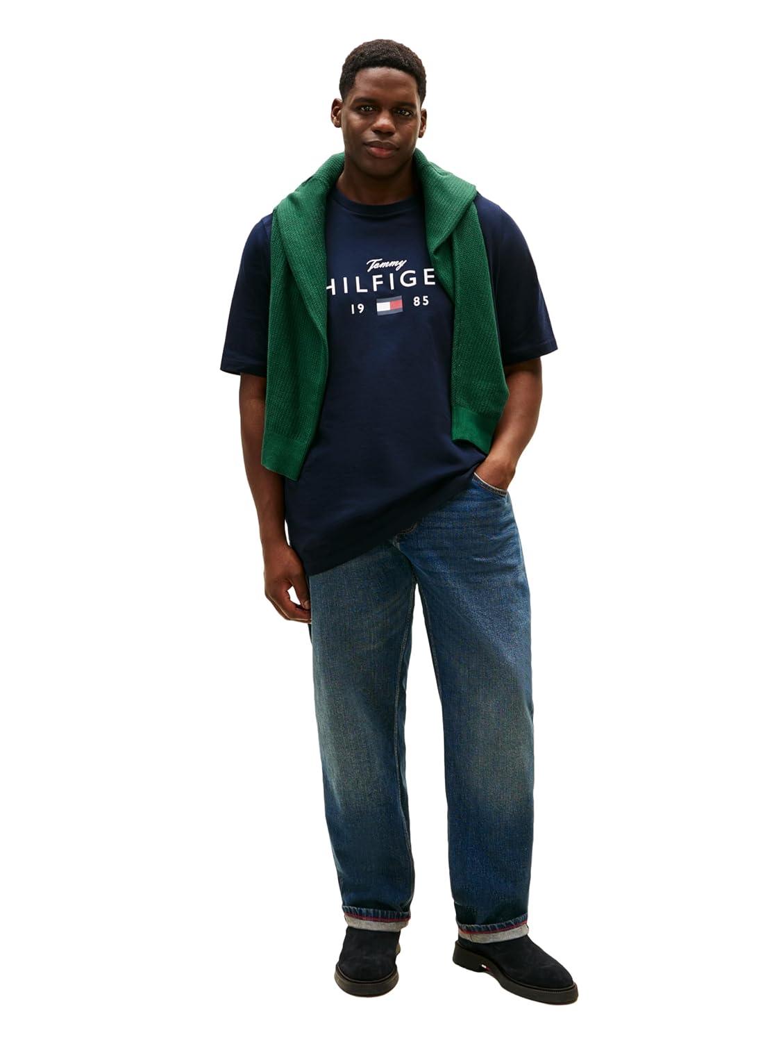 imageTommy Hilfiger Mens Short Sleeve Cotton Graphic TShirts with Printed Script and Flag LogoDesert Sky