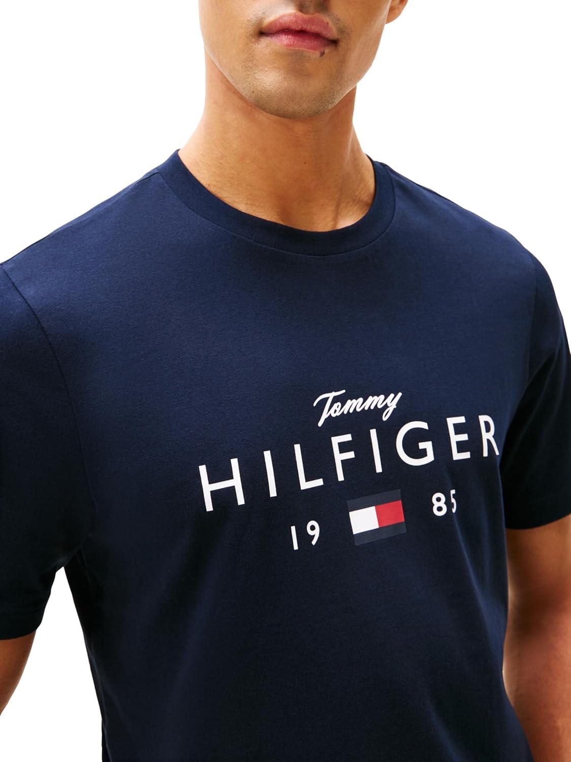 imageTommy Hilfiger Mens Short Sleeve Cotton Graphic TShirts with Printed Script and Flag LogoDesert Sky