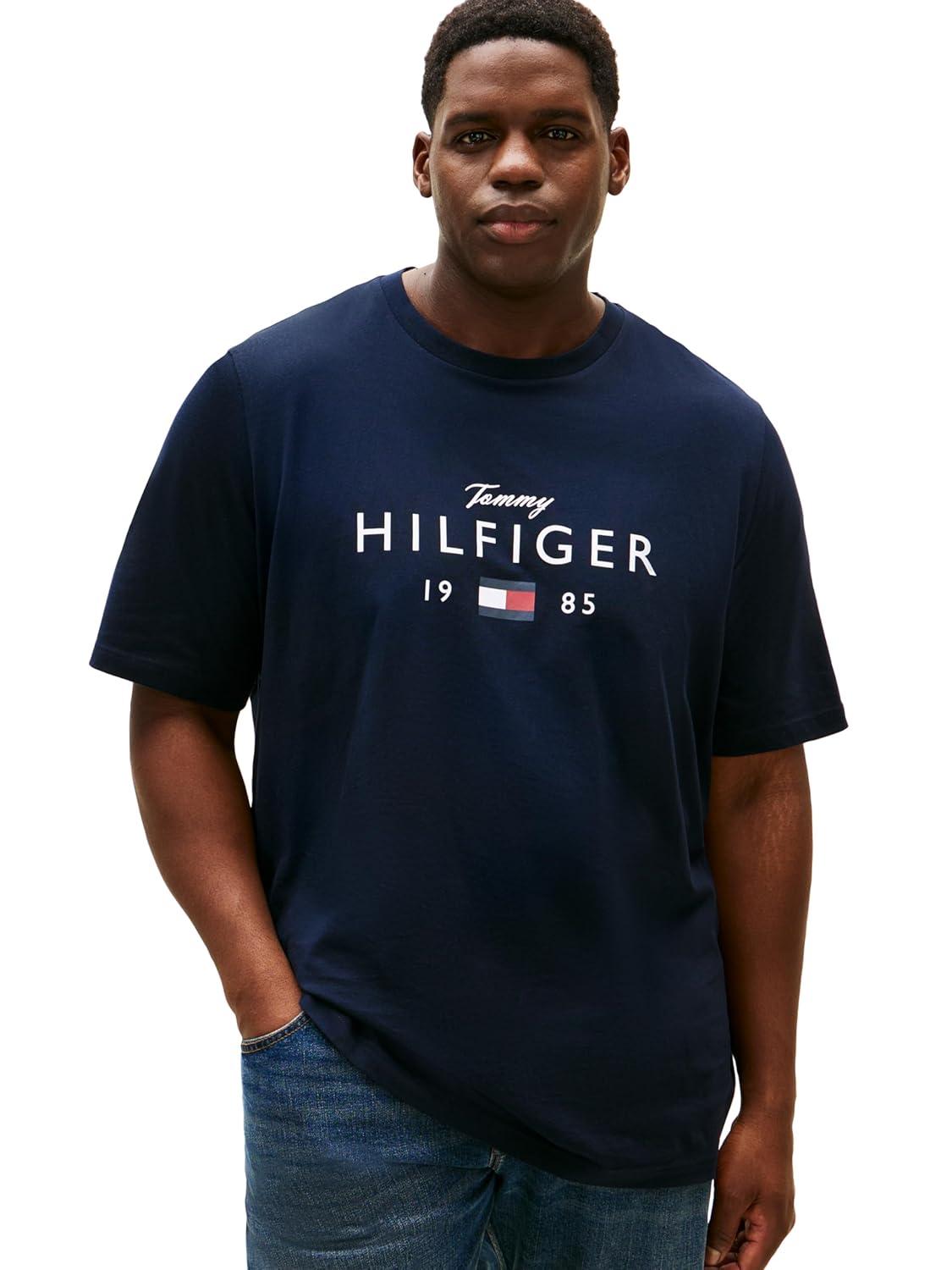 imageTommy Hilfiger Mens Short Sleeve Cotton Graphic TShirts with Printed Script and Flag LogoDesert Sky