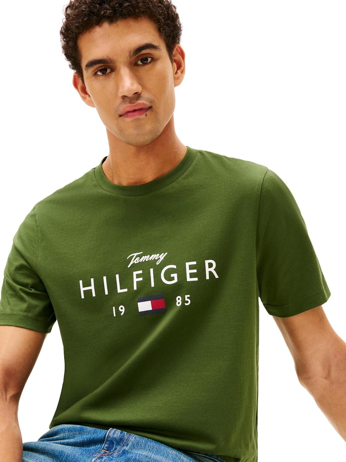 imageTommy Hilfiger Mens Short Sleeve Cotton Graphic TShirts with Printed Script and Flag LogoMountain Pine