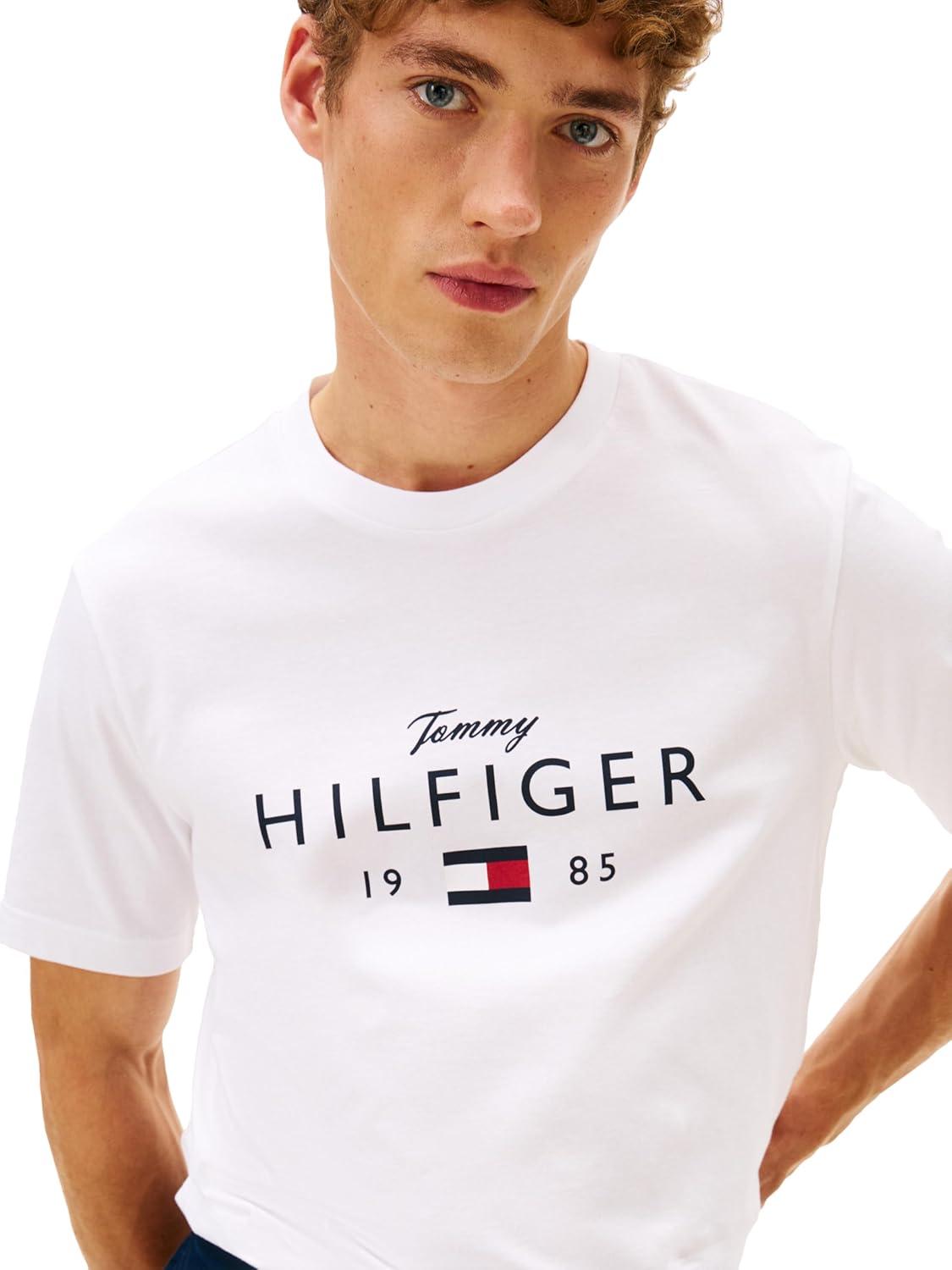 imageTommy Hilfiger Mens Short Sleeve Cotton Graphic TShirts with Printed Script and Flag LogoWhite