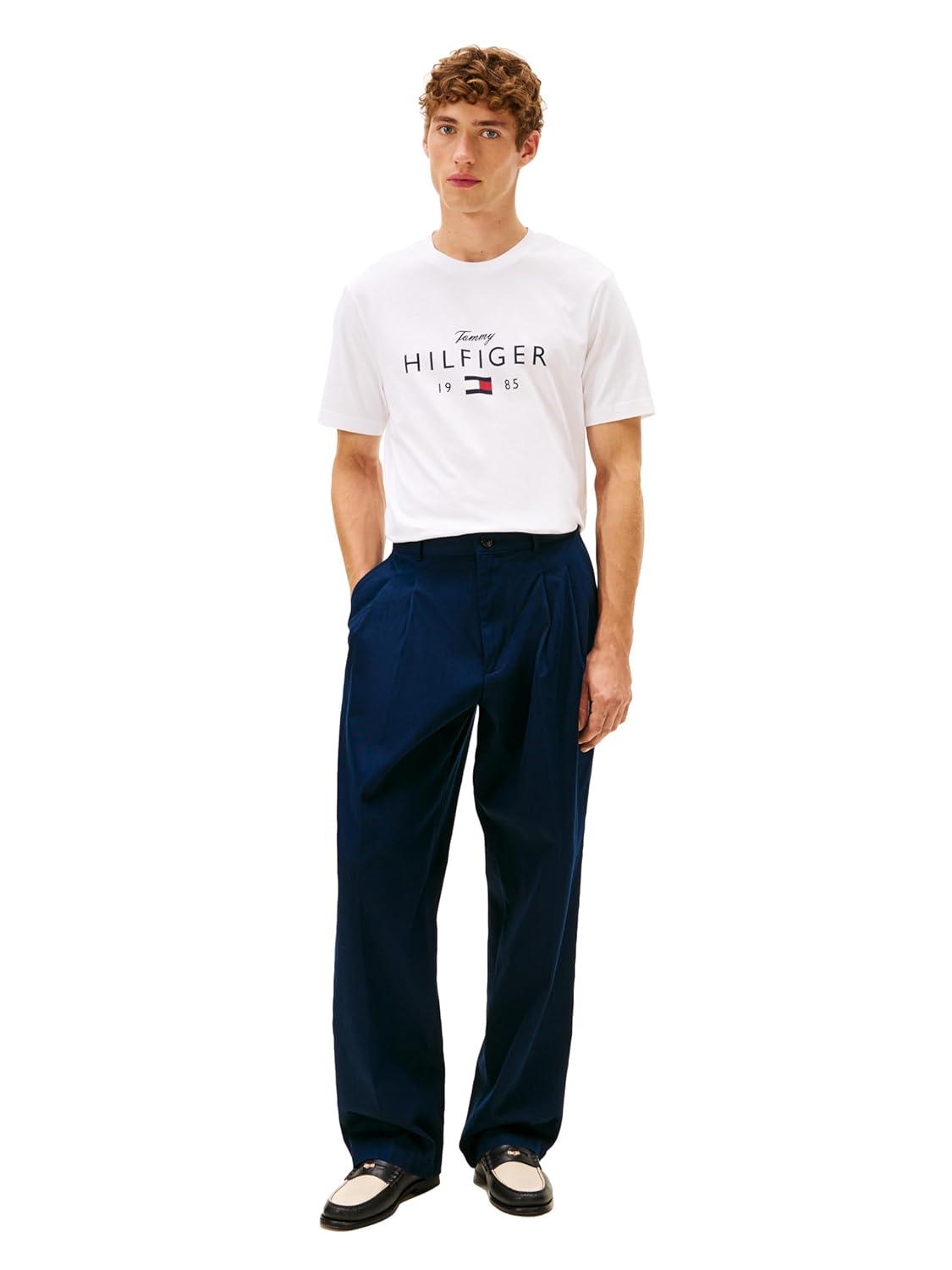 imageTommy Hilfiger Mens Short Sleeve Cotton Graphic TShirts with Printed Script and Flag LogoWhite