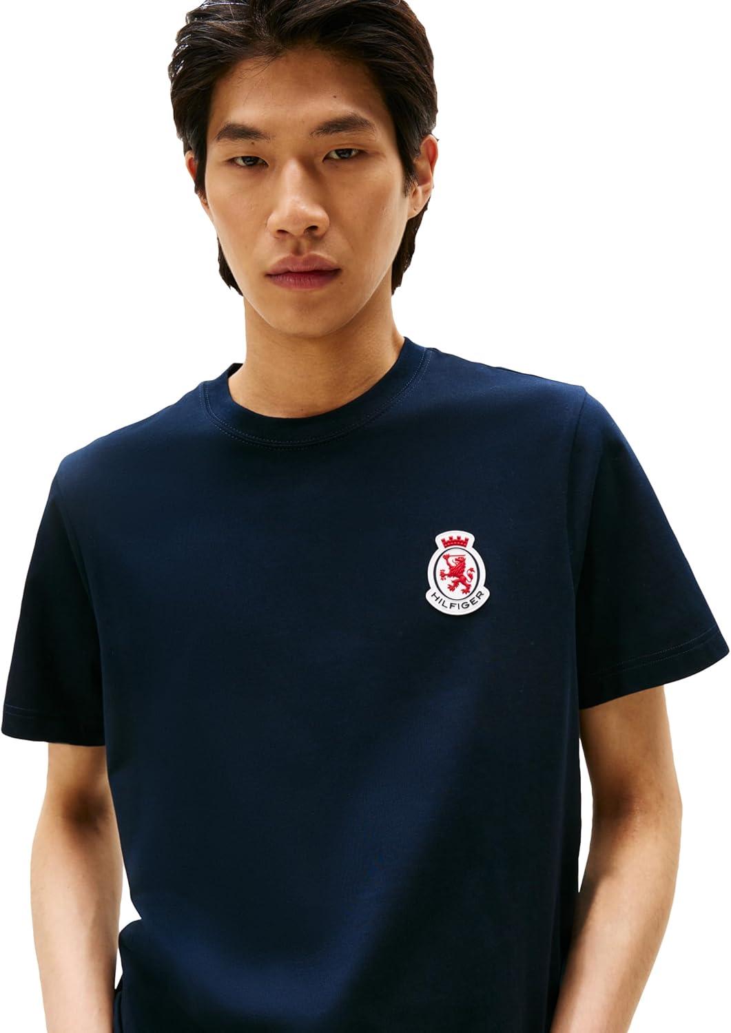 imageTommy Hilfiger Mens Short Sleeve Cotton Graphic TShirts with Rubberized Crest LogoDesert Sky