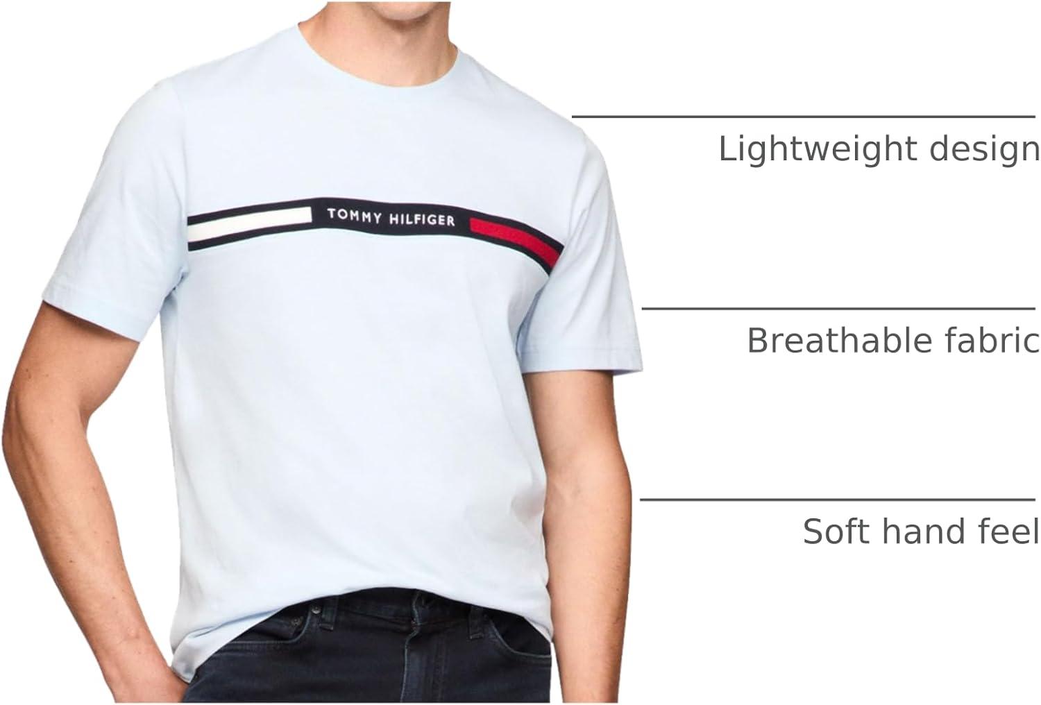 imageTommy Hilfiger Mens Short Sleeve Cotton Graphic TShirts with Signature Stripe Logo Also Available in Big ampamp TallBreezy Blue