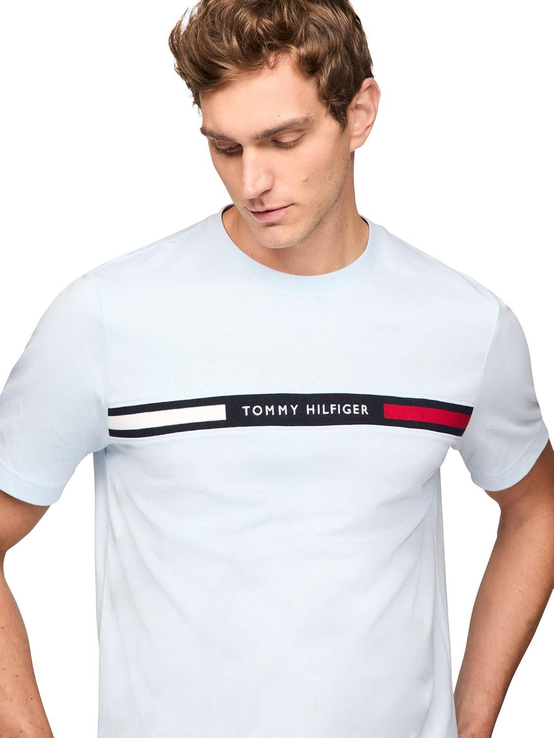 imageTommy Hilfiger Mens Short Sleeve Cotton Graphic TShirts with Signature Stripe Logo Also Available in Big ampamp TallBreezy Blue