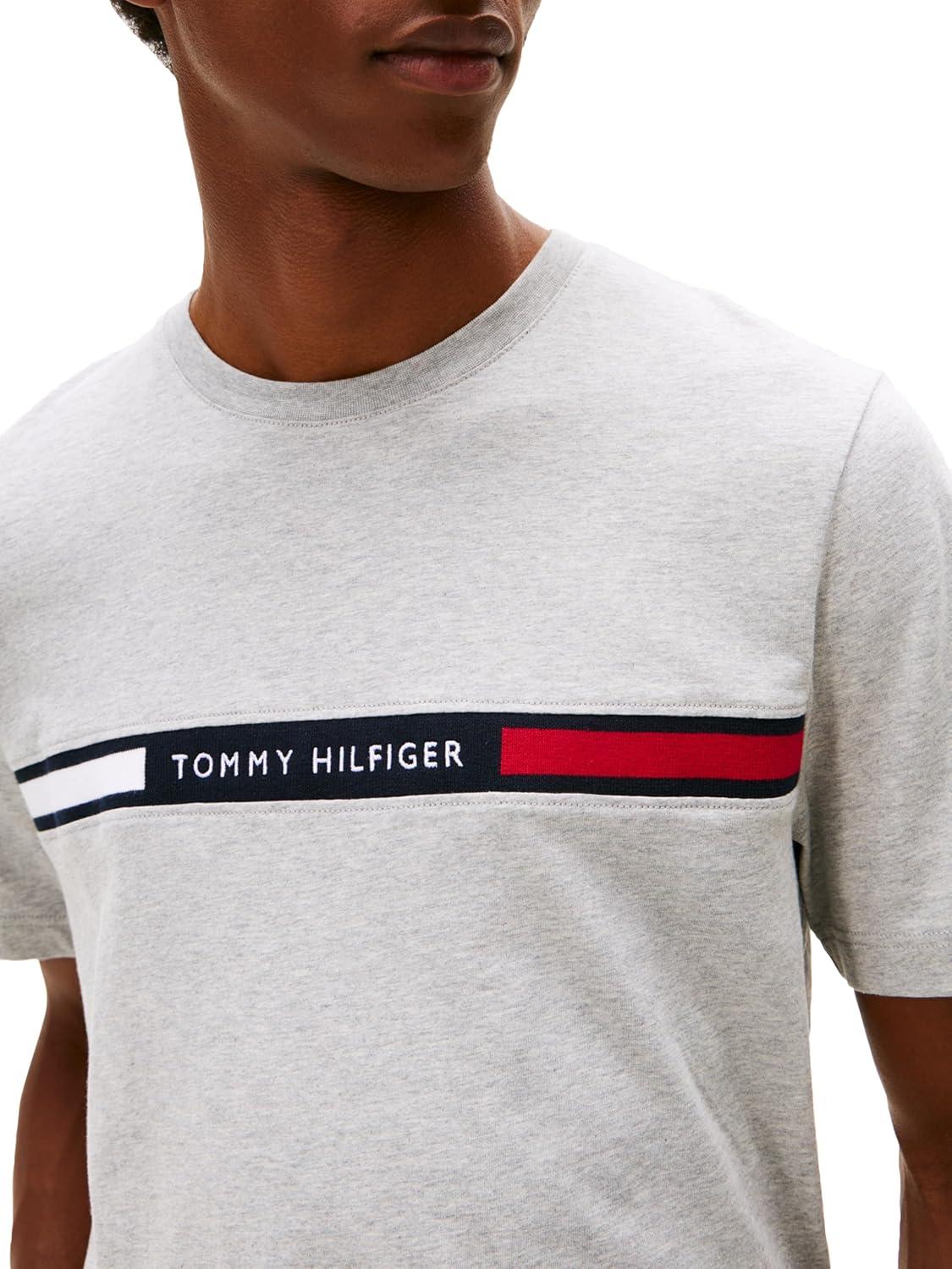 imageTommy Hilfiger Mens Short Sleeve Cotton Graphic TShirts with Signature Stripe Logo Also Available in Big ampamp TallLight Grey Heather