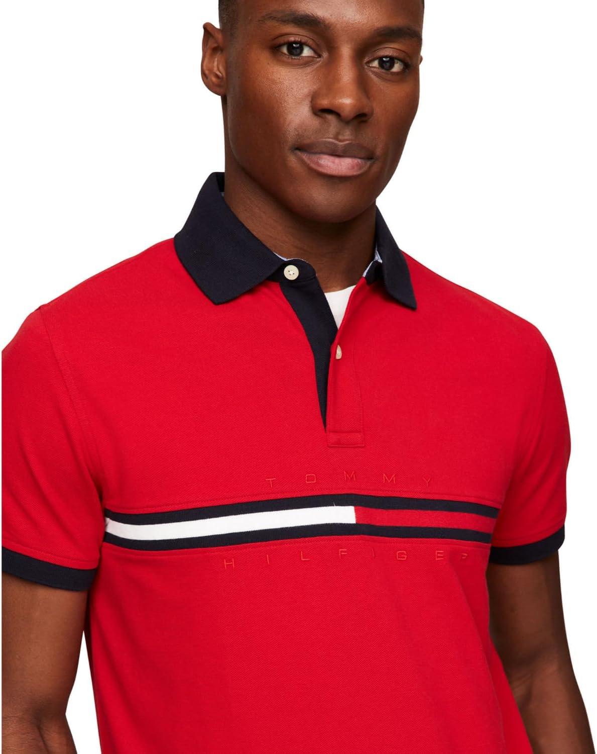 imageTommy Hilfiger Mens Short Sleeve Cotton Pique Flag Graphic Polo Shirt in Custom FitApple Red