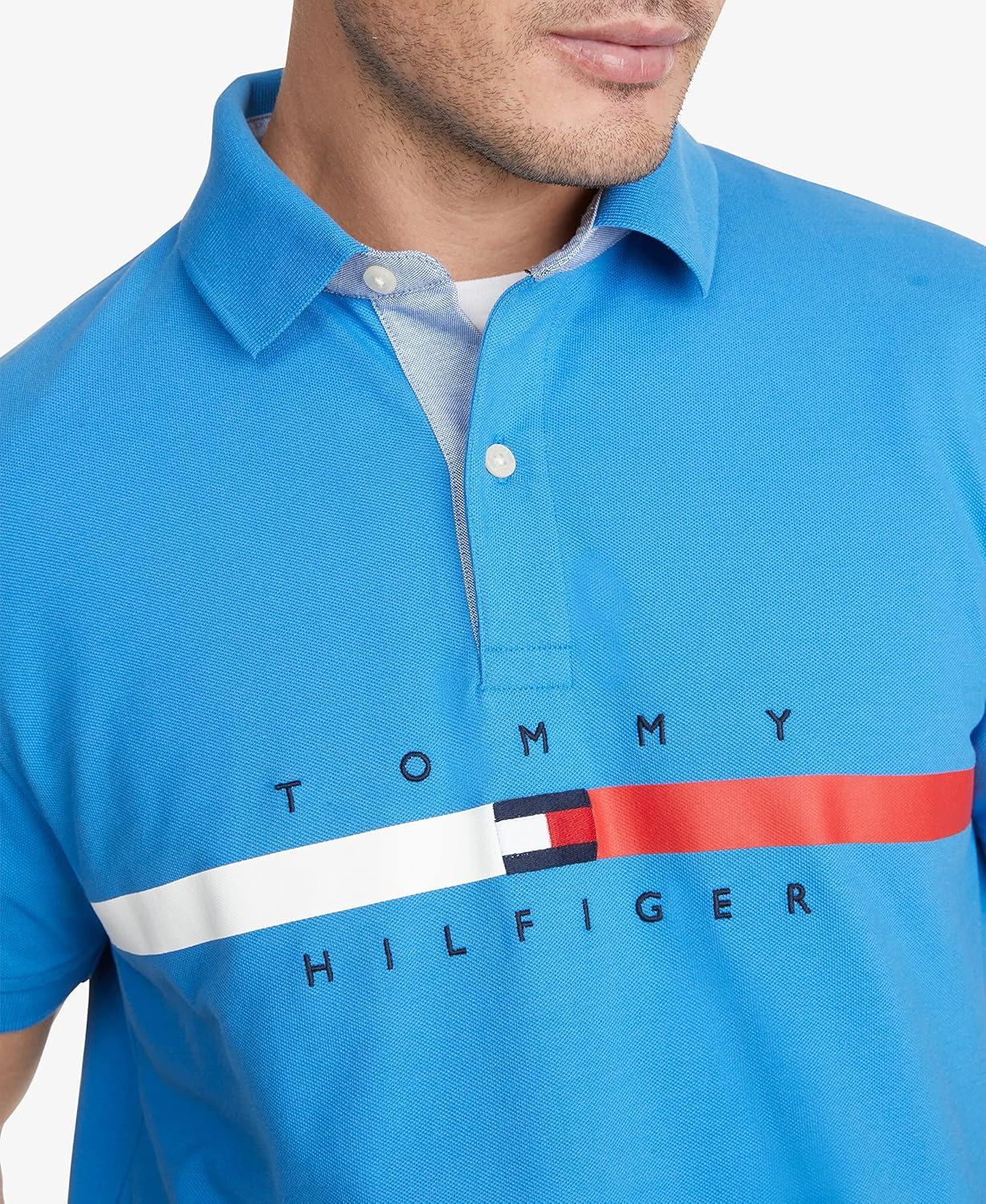 imageTommy Hilfiger Mens Short Sleeve Cotton Pique Flag Graphic Polo Shirt in Custom FitBlue Blitz