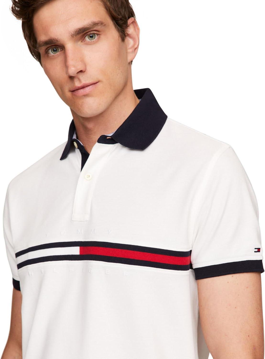 imageTommy Hilfiger Mens Short Sleeve Cotton Pique Flag Graphic Polo Shirt in Custom FitBright White