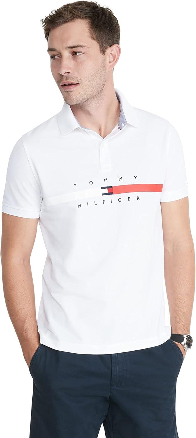 imageTommy Hilfiger Mens Short Sleeve Cotton Pique Flag Graphic Polo Shirt in Custom FitClassic White
