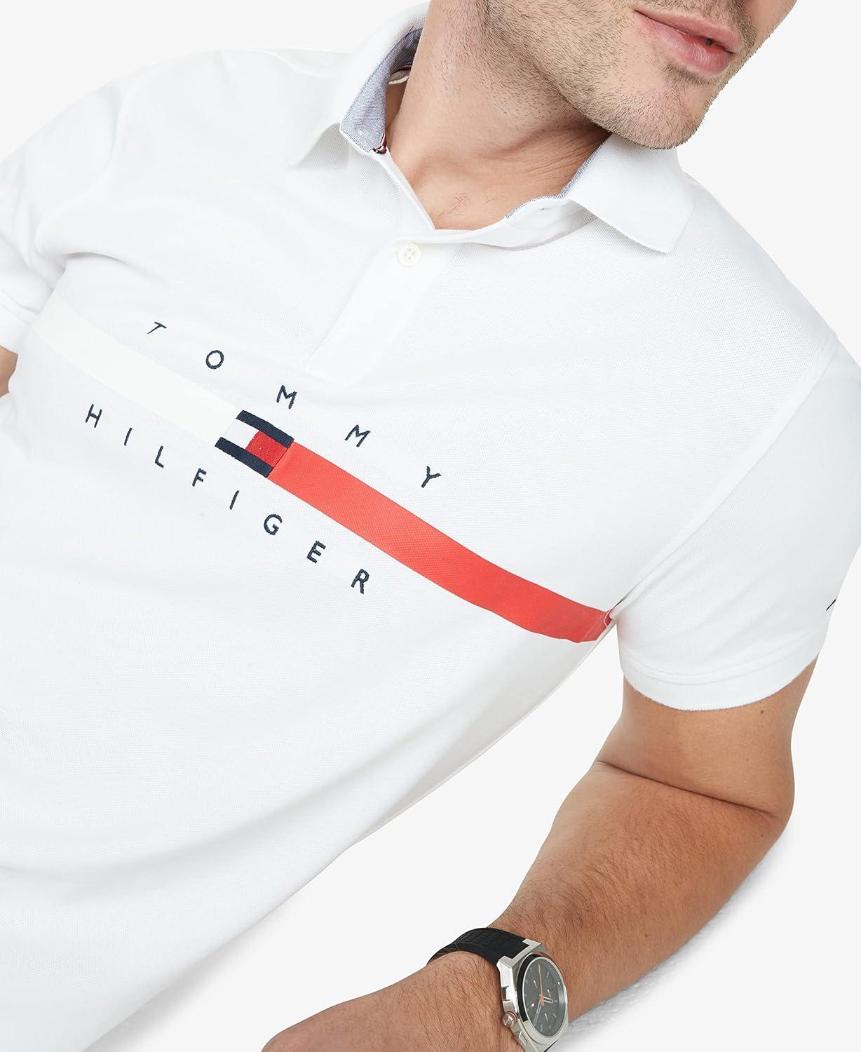 imageTommy Hilfiger Mens Short Sleeve Cotton Pique Flag Graphic Polo Shirt in Custom FitClassic White