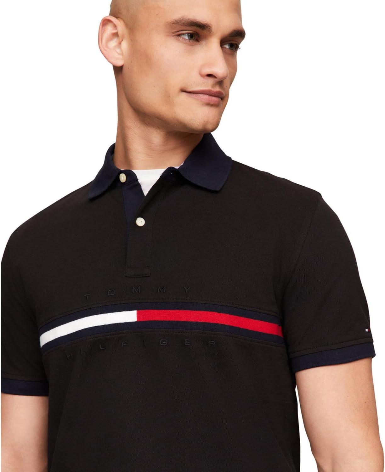 imageTommy Hilfiger Mens Short Sleeve Cotton Pique Flag Graphic Polo Shirt in Custom FitDeep Knit Black