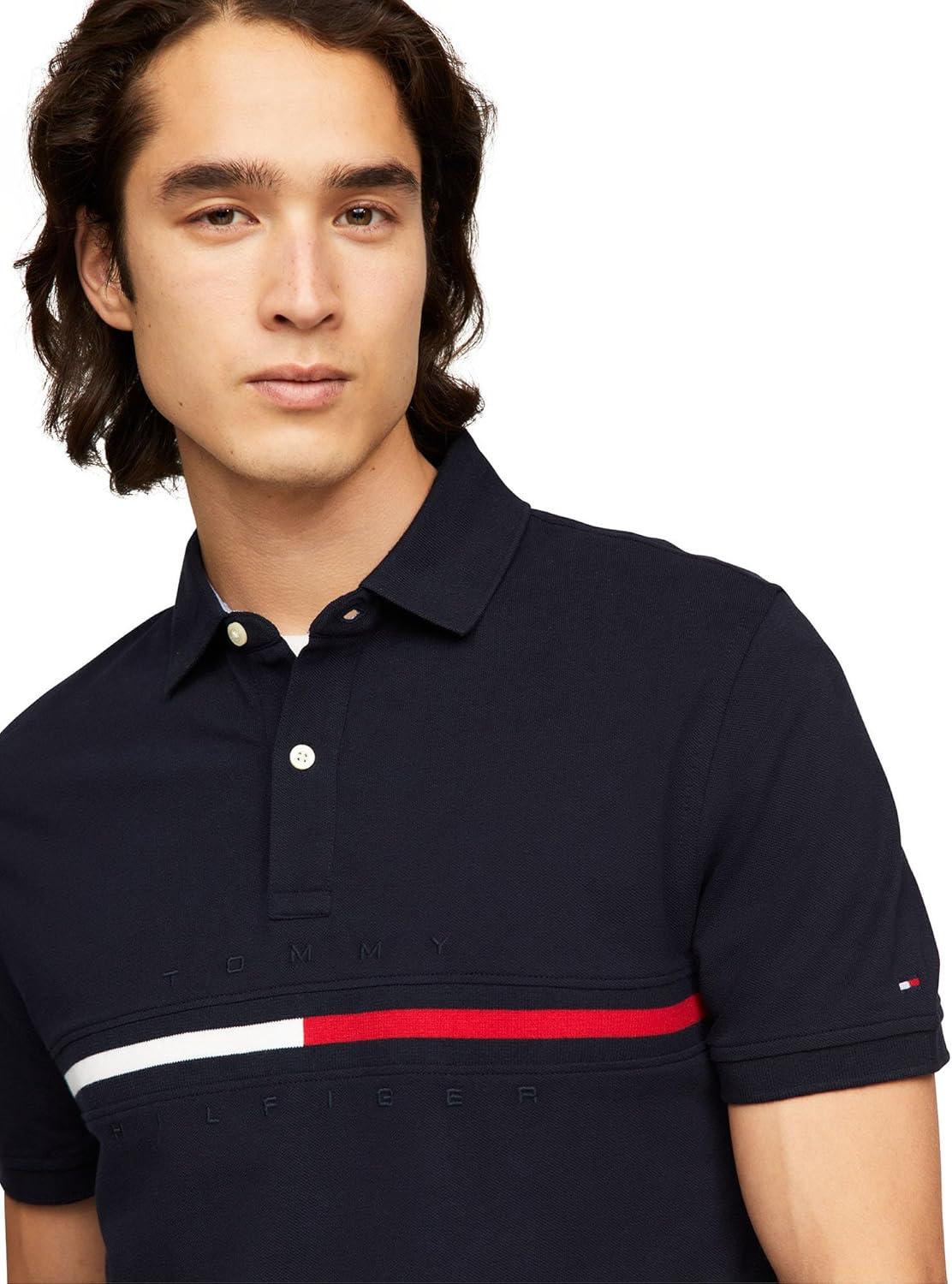 imageTommy Hilfiger Mens Short Sleeve Cotton Pique Flag Graphic Polo Shirt in Custom FitNavy Blazer