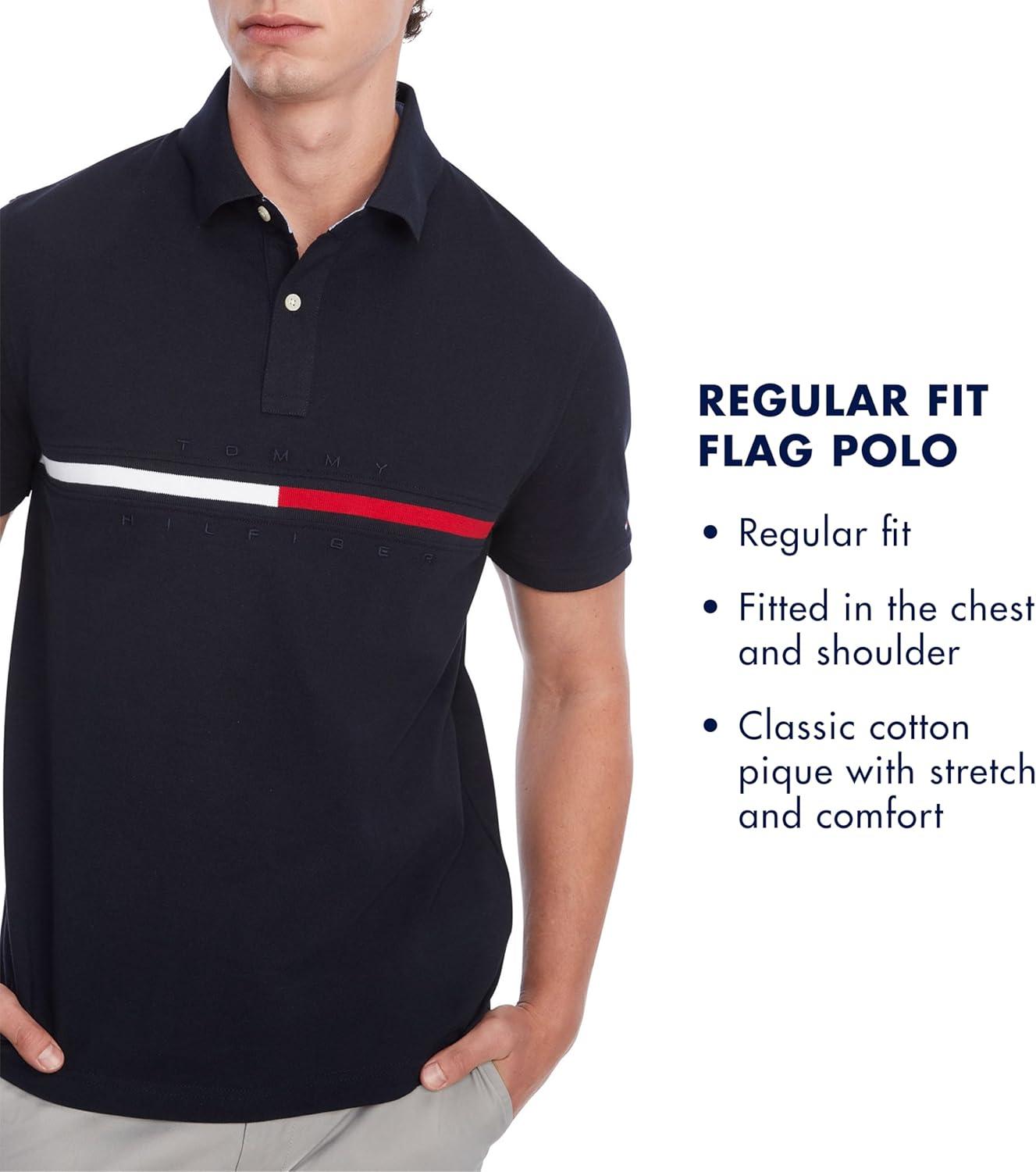 imageTommy Hilfiger Mens Short Sleeve Cotton Pique Flag Graphic Polo Shirt in Custom FitNavy Blazer