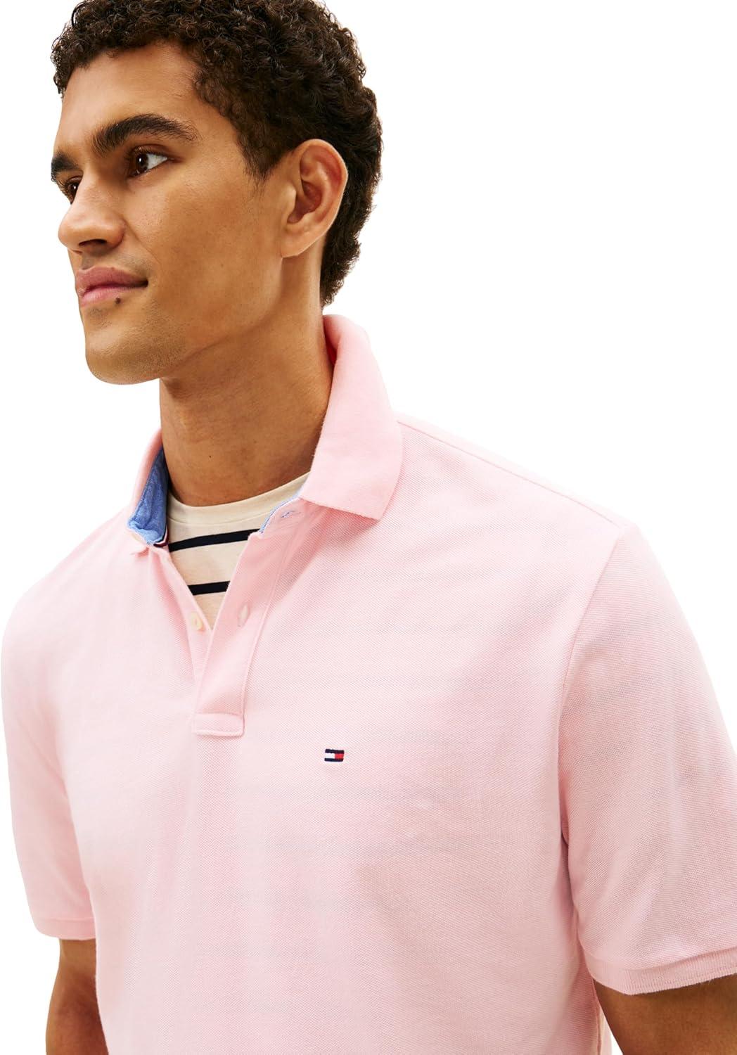 imageTommy Hilfiger Mens Short Sleeve Cotton Pique Polo Shirt in Classic FitPebble Pink