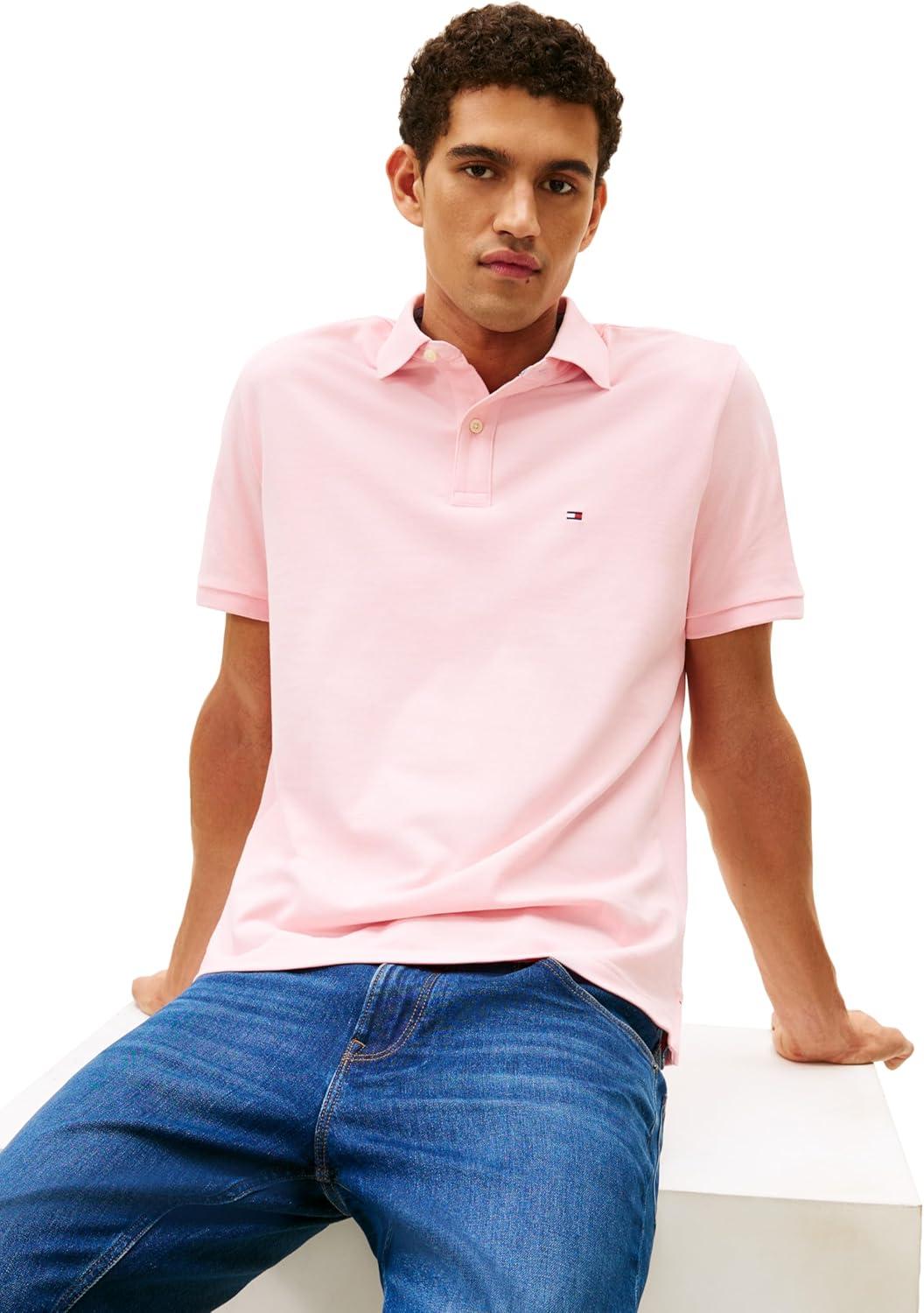 imageTommy Hilfiger Mens Short Sleeve Cotton Pique Polo Shirt in Regular FitPebble Pink