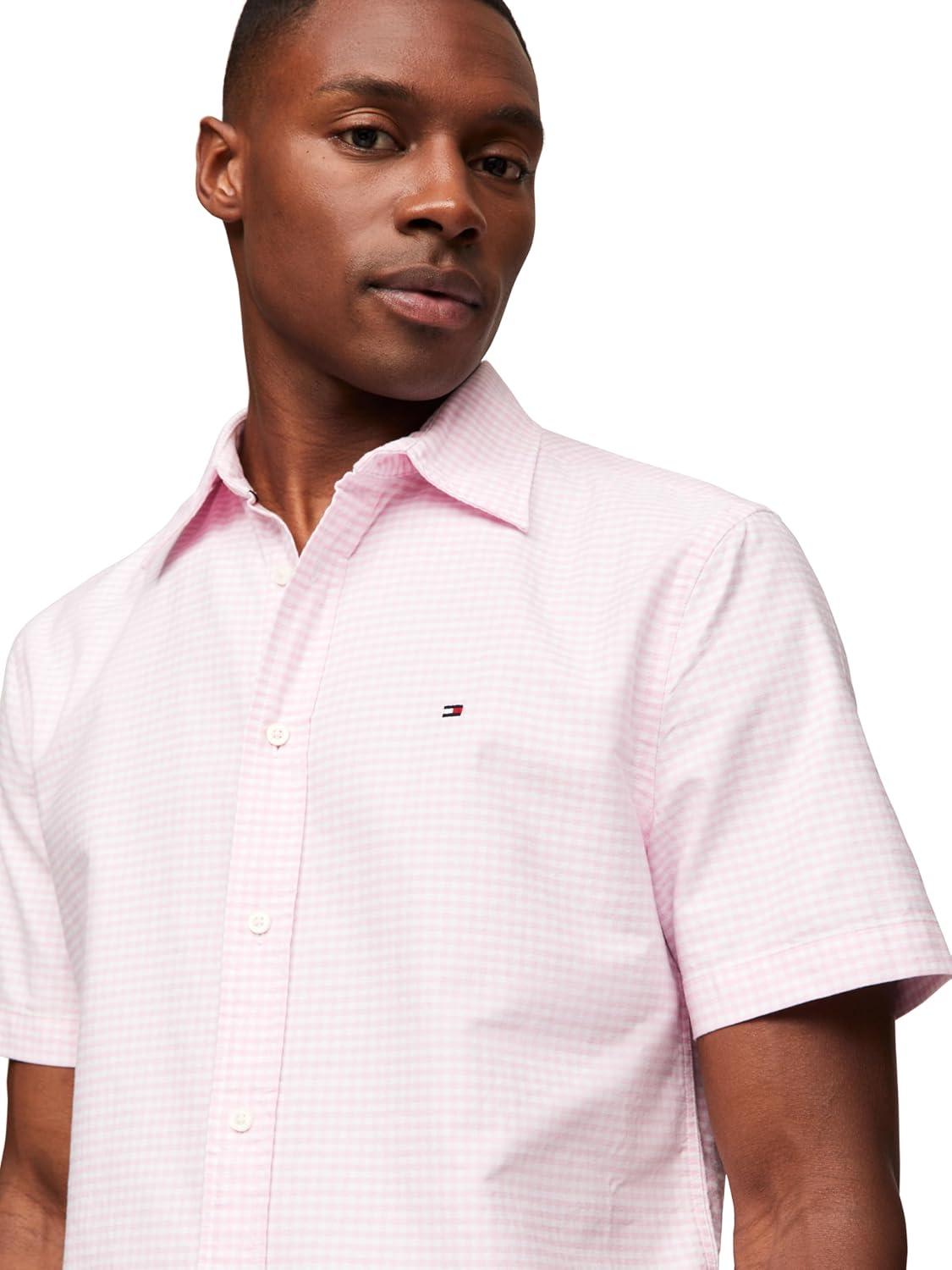 imageTommy Hilfiger Mens Short Sleeve Oxford Shirts in Regular Fit Mens Button Down ShirtsClassic Pink Check