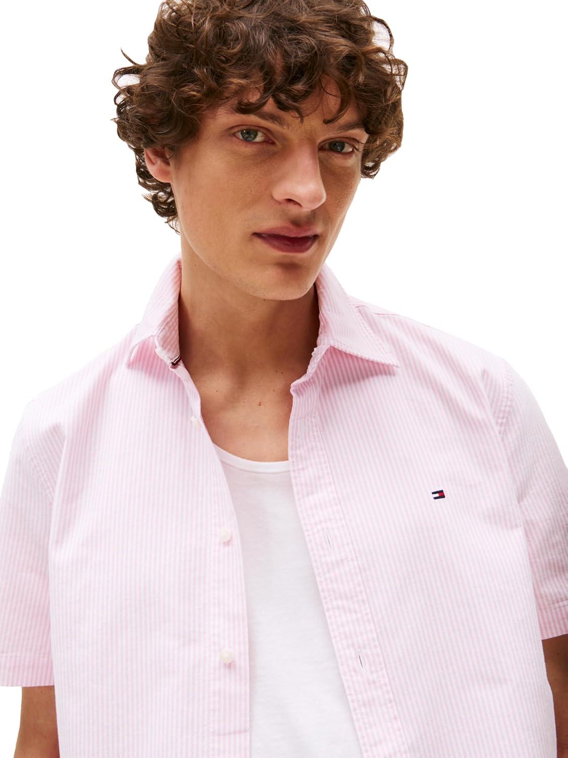 imageTommy Hilfiger Mens Short Sleeve Oxford Shirts in Regular Fit Mens Button Down ShirtsClassic Pink Optic White