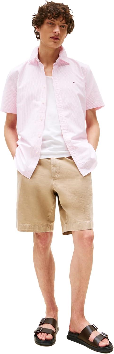 imageTommy Hilfiger Mens Short Sleeve Oxford Shirts in Regular Fit Mens Button Down ShirtsClassic Pink Optic White