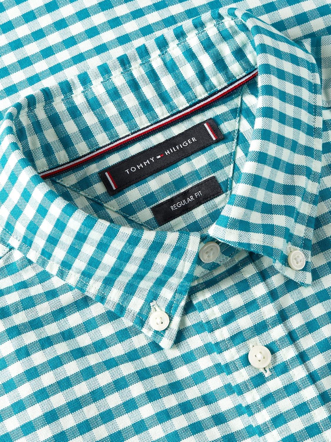 imageTommy Hilfiger Mens Short Sleeve Oxford Shirts in Regular Fit Mens Button Down ShirtsDeep Ocean Check